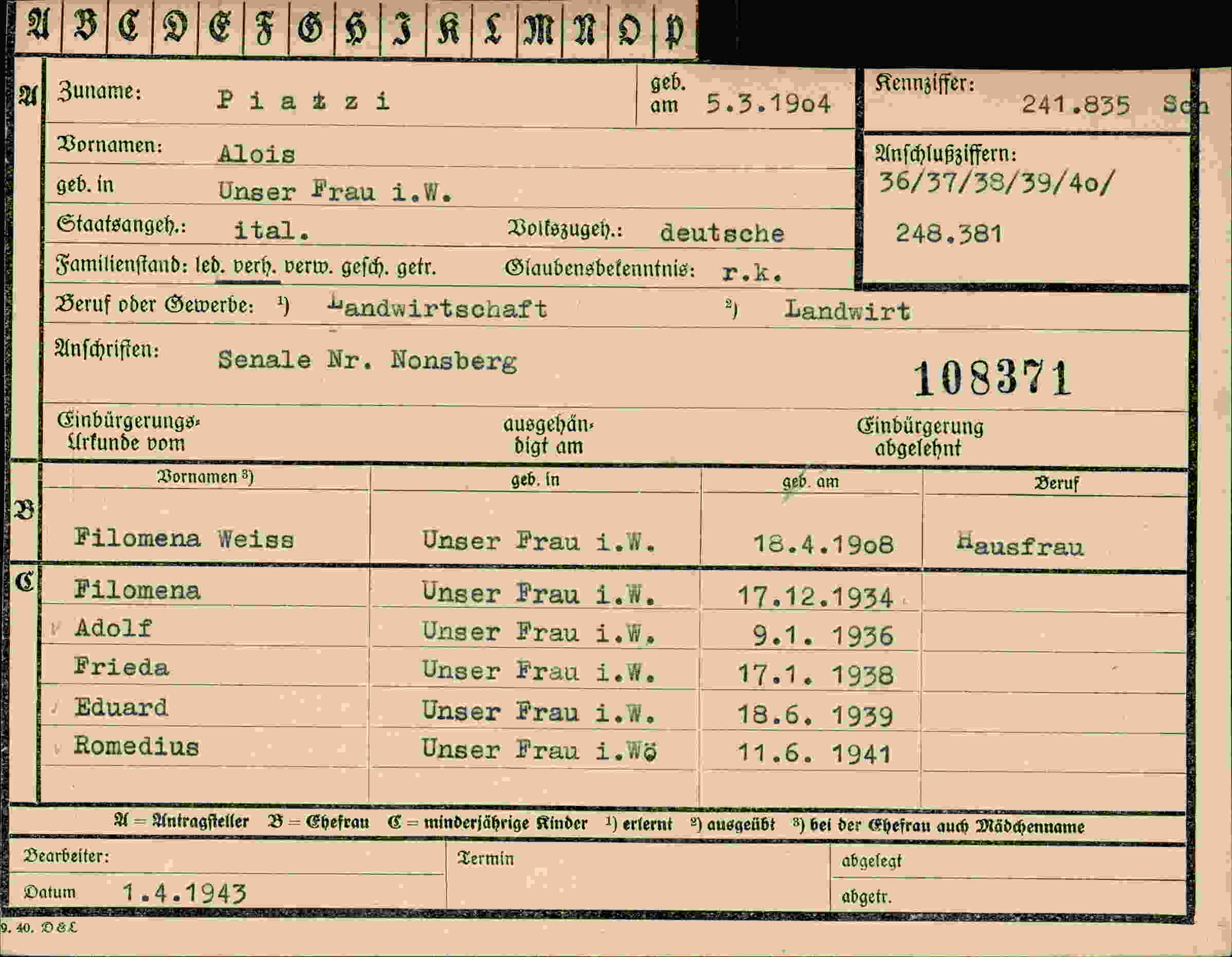 Dokument für Alois Piatzi