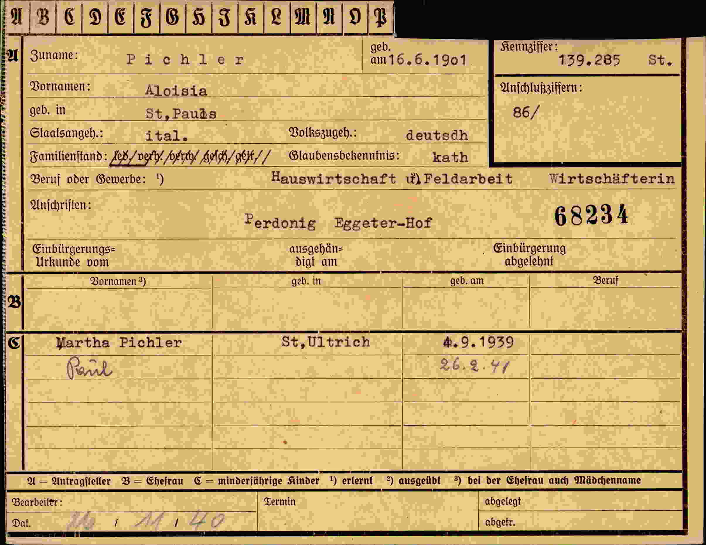 Dokument für Aloisia Pichler