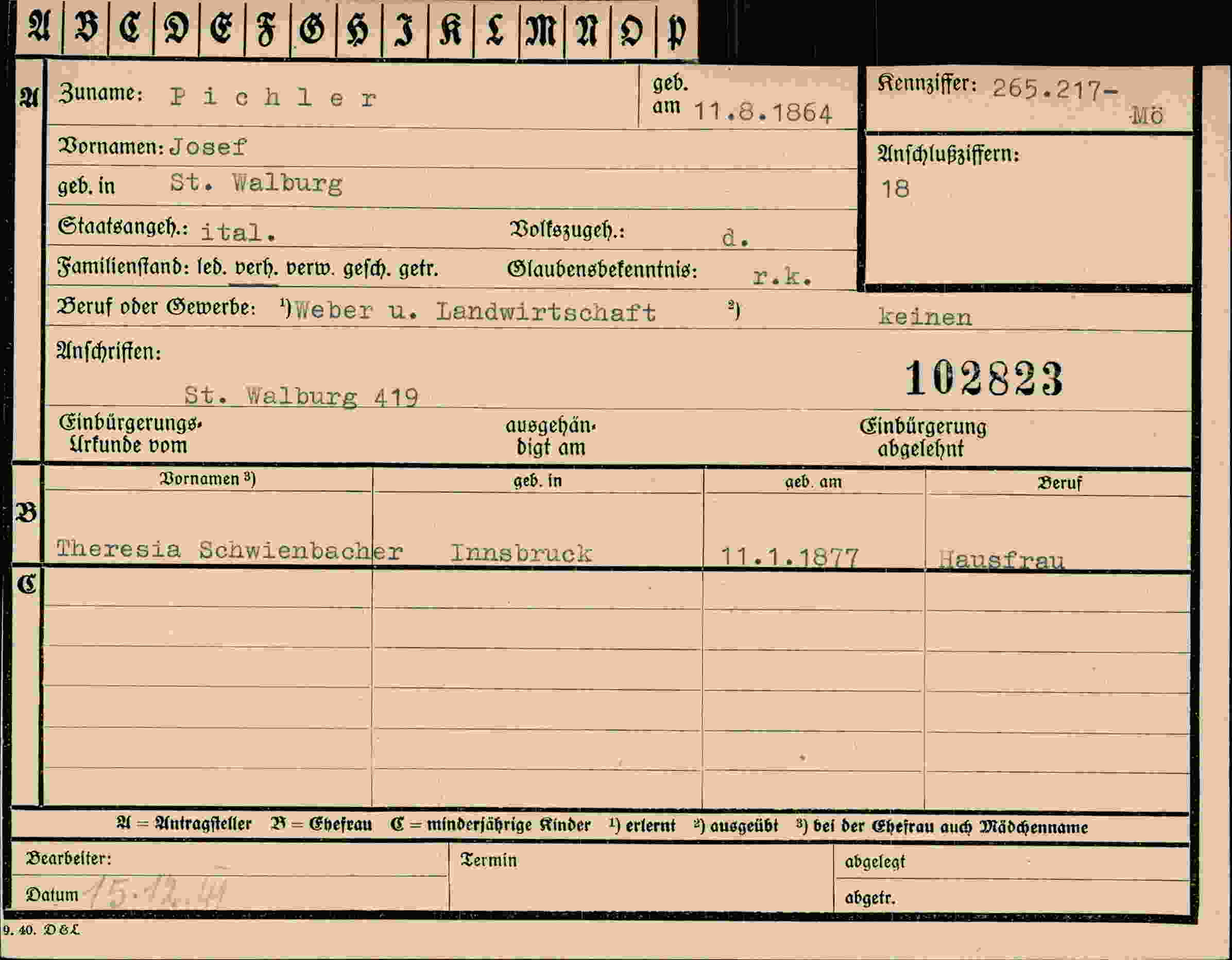 Dokument für Josef Pichler