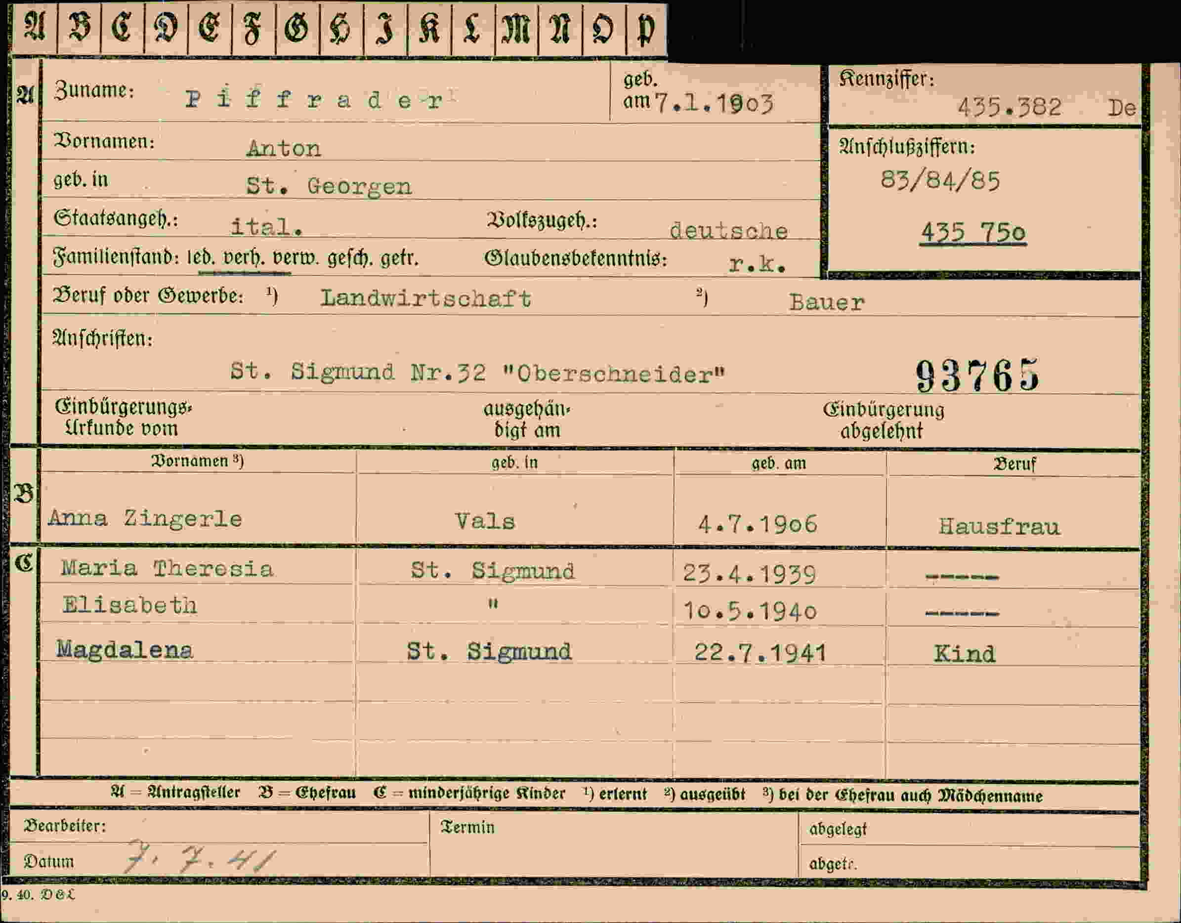 Dokument für Anton Piffrader