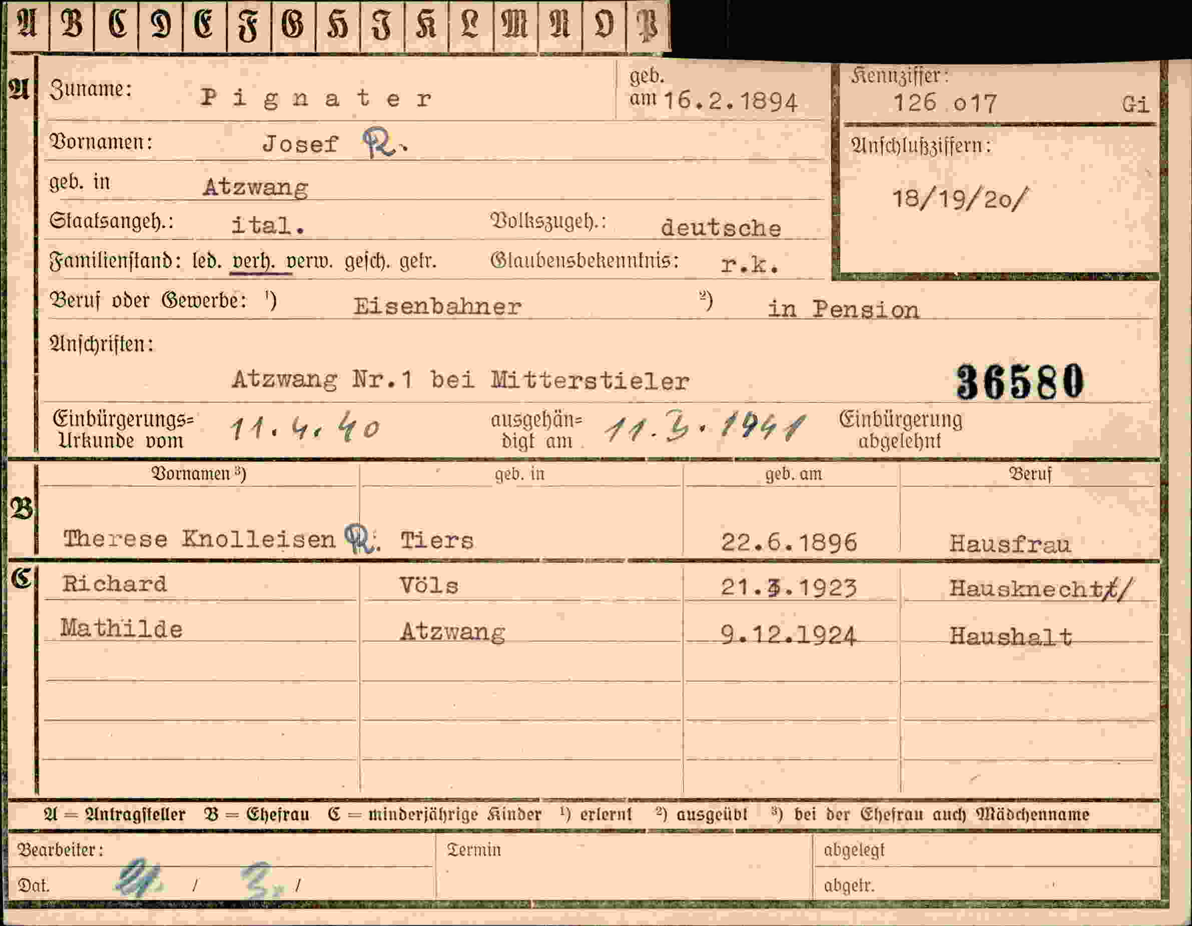 Dokument für Josef Pignater