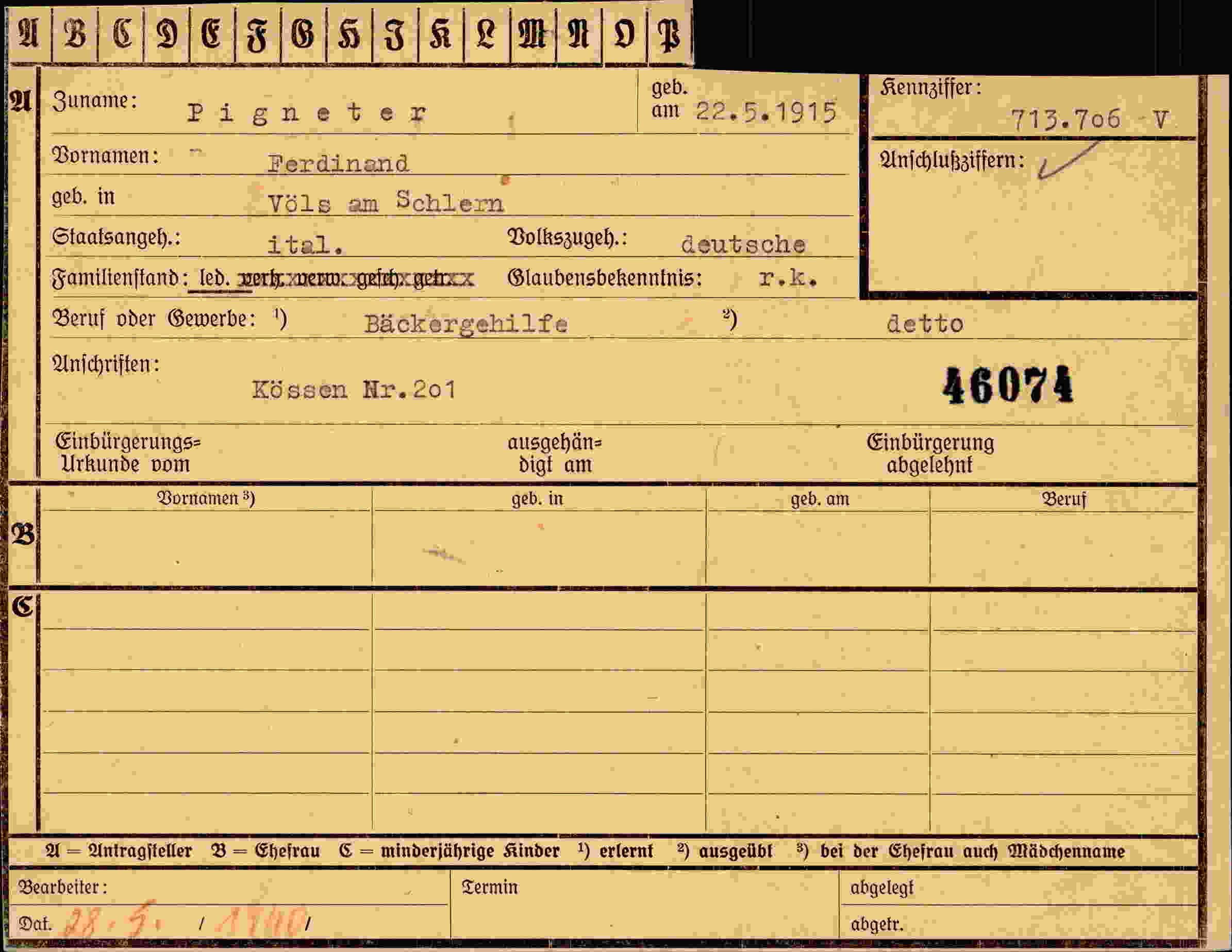 Dokument für Ferdinand Pigneter