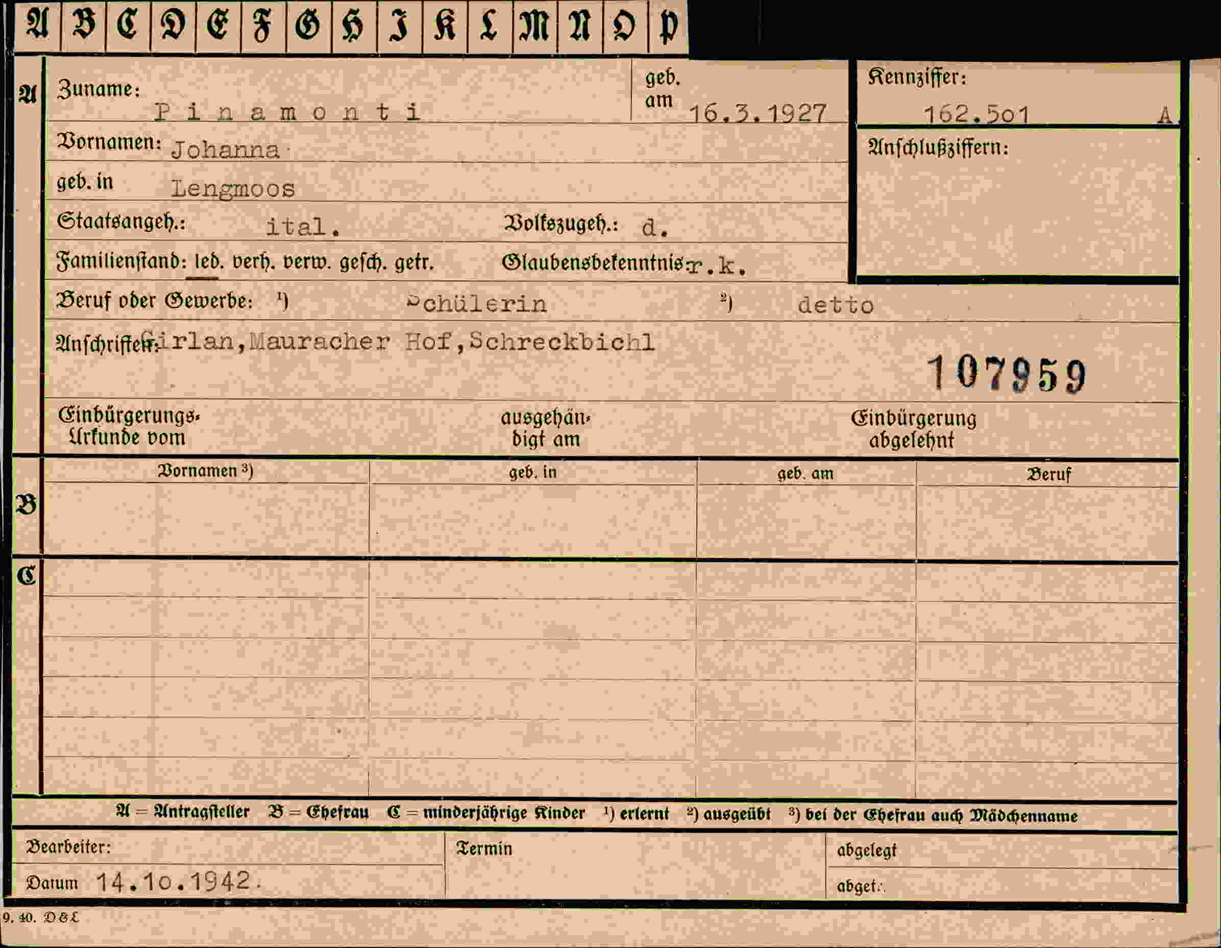 Dokument für Johanna Pinamonti