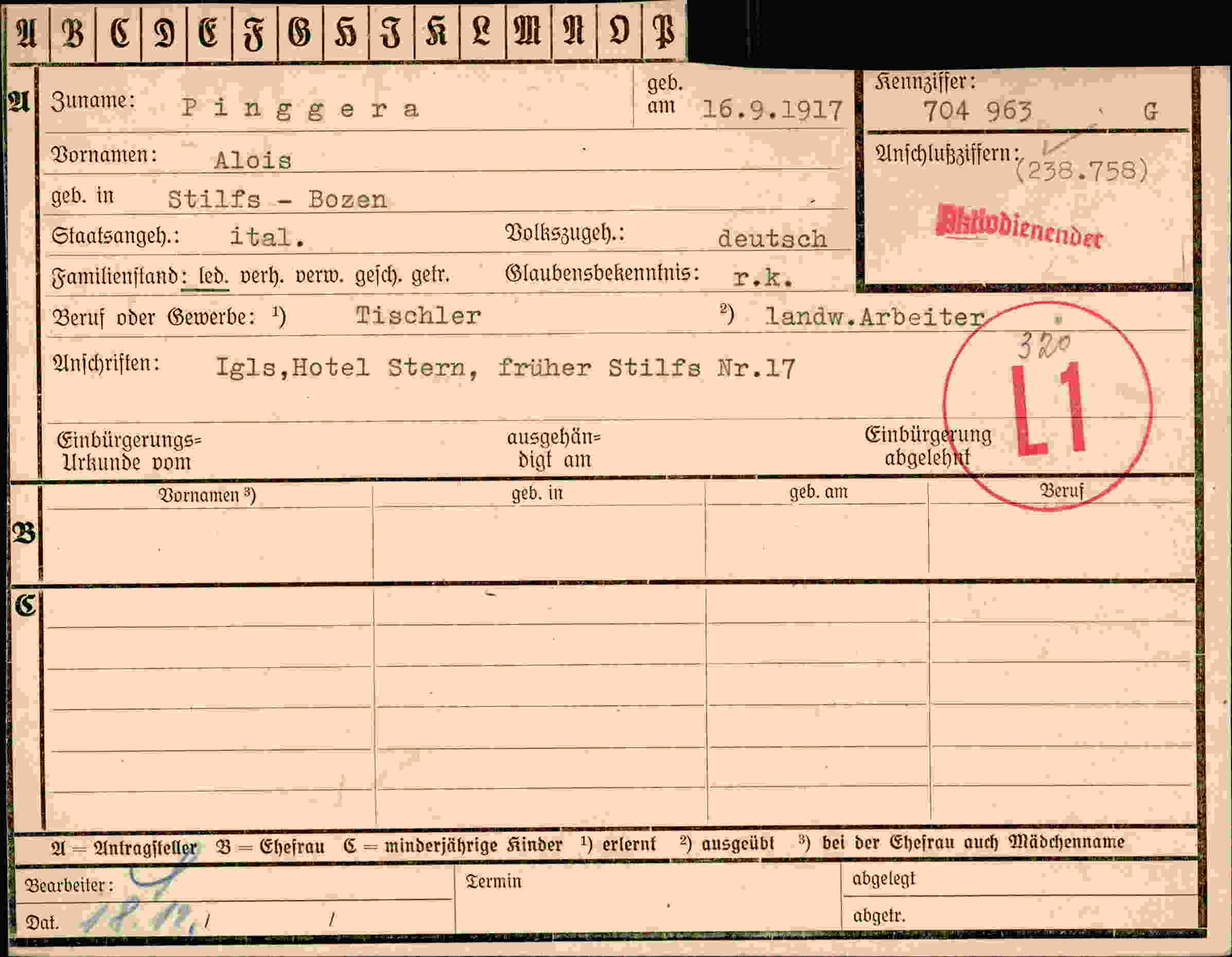 Dokument für Alois Pinggera