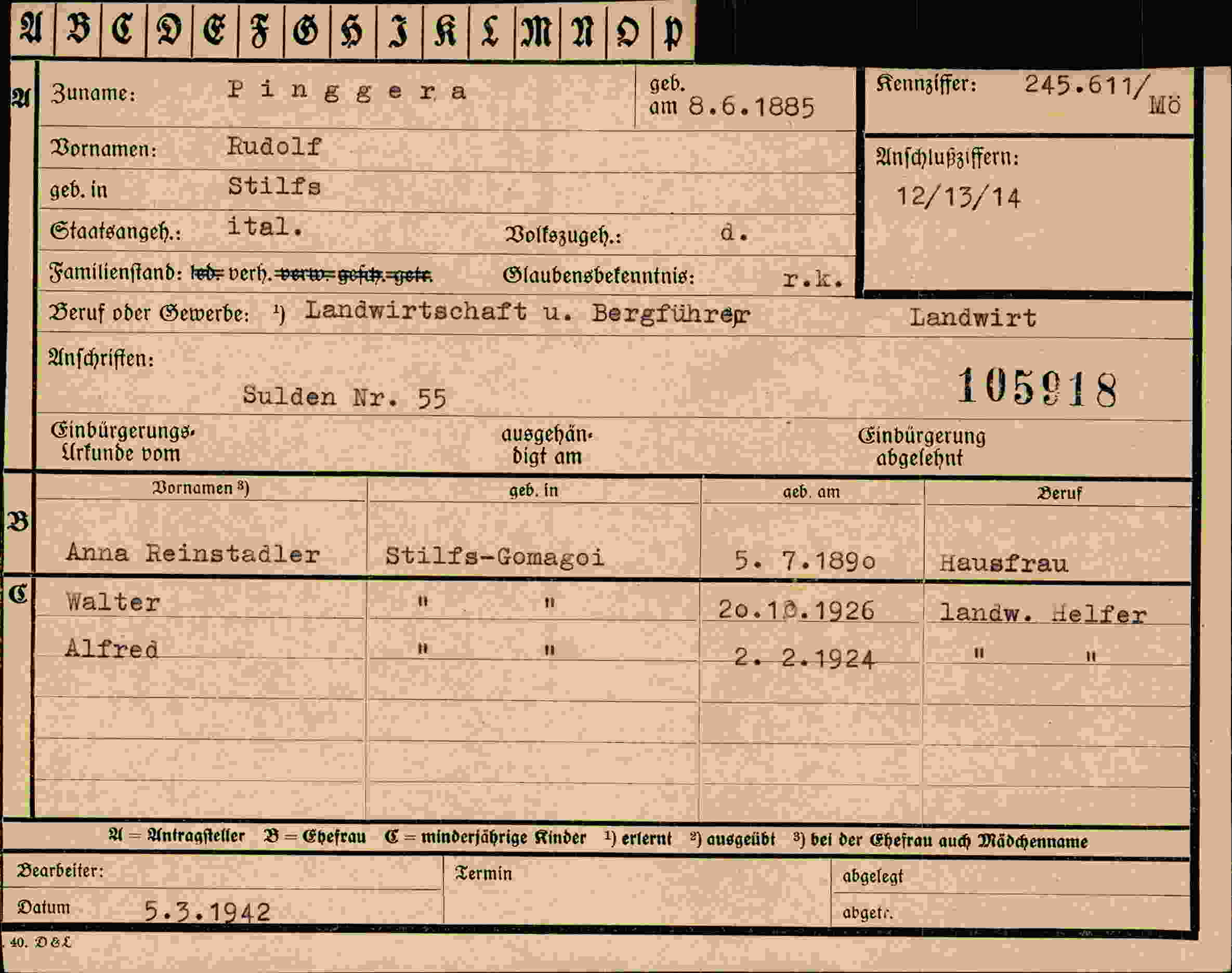 Dokument für Rudolf Pinggera