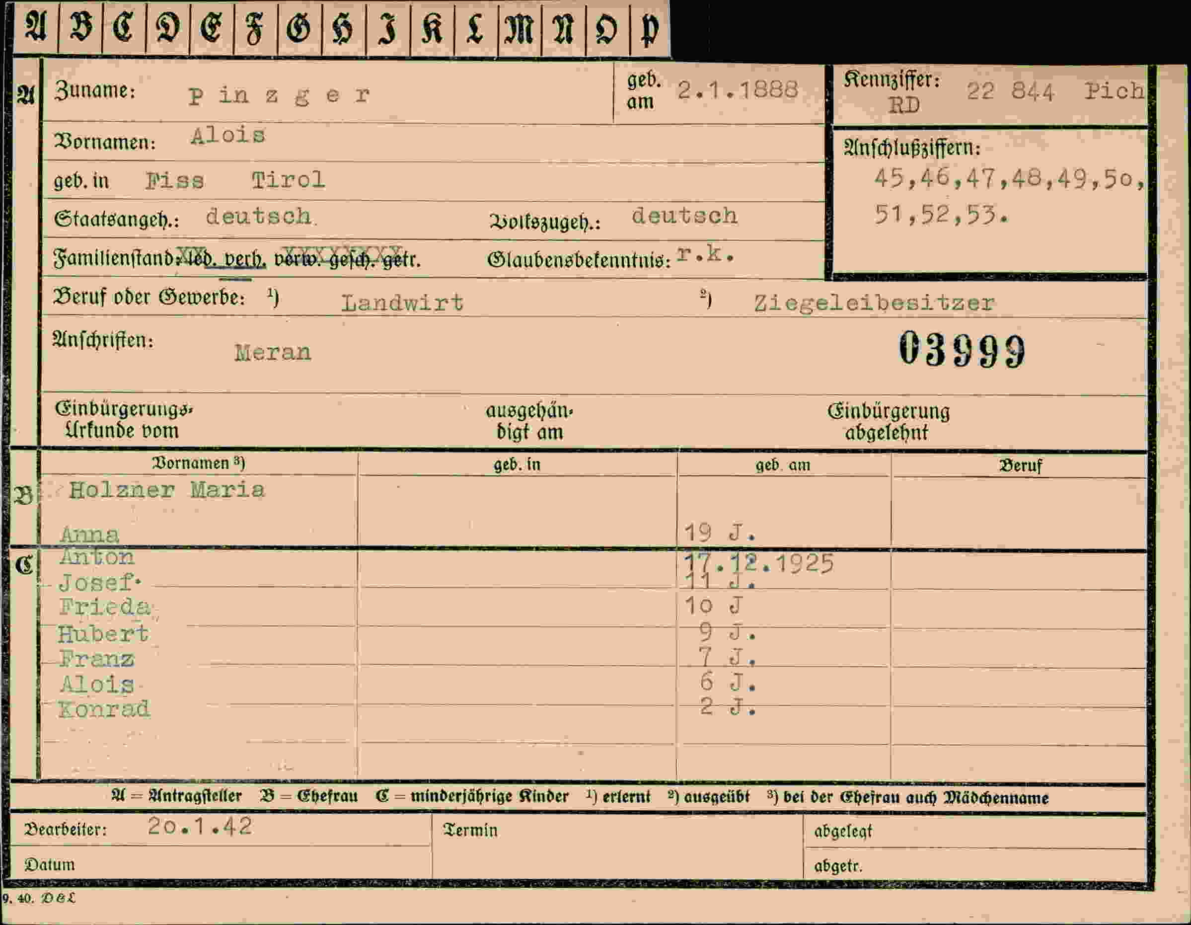 Dokument für Alois Pinzger