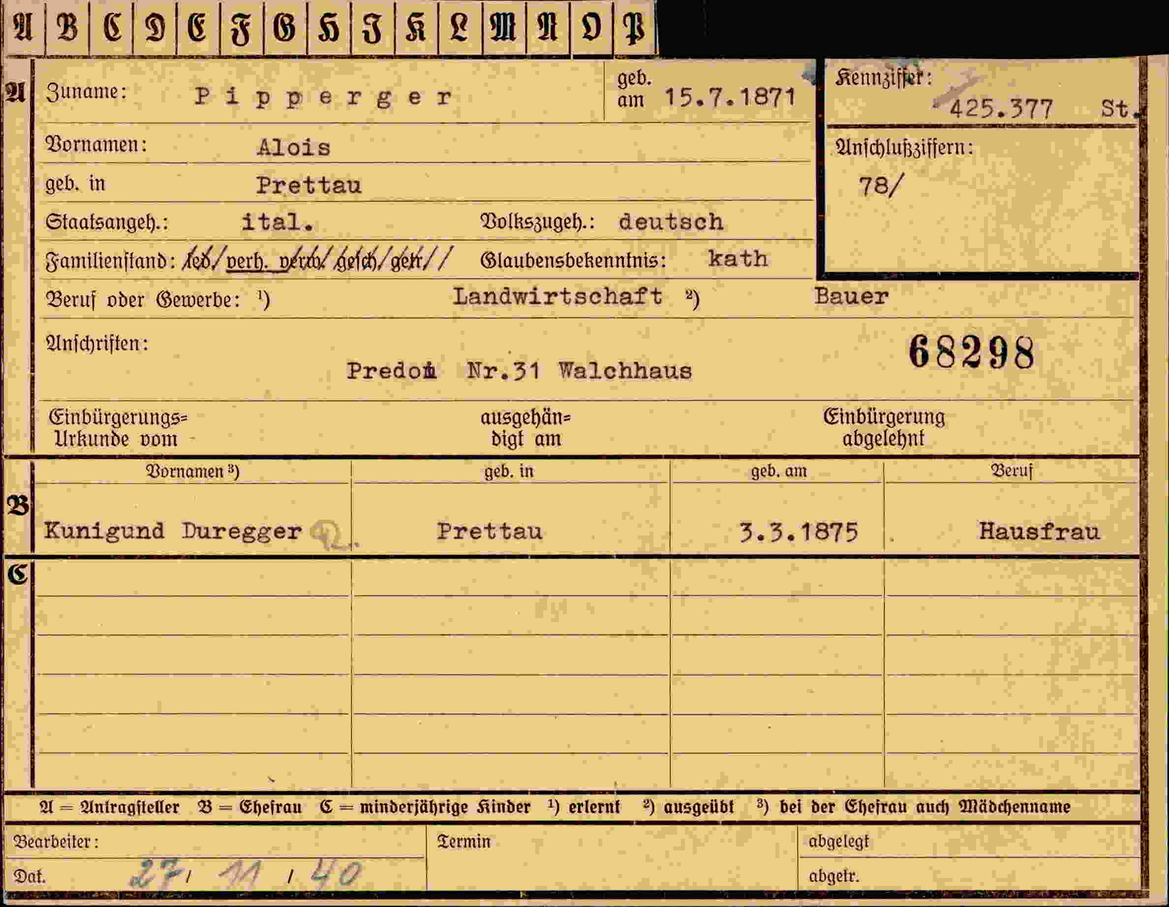 Dokument für Alois Pipperger