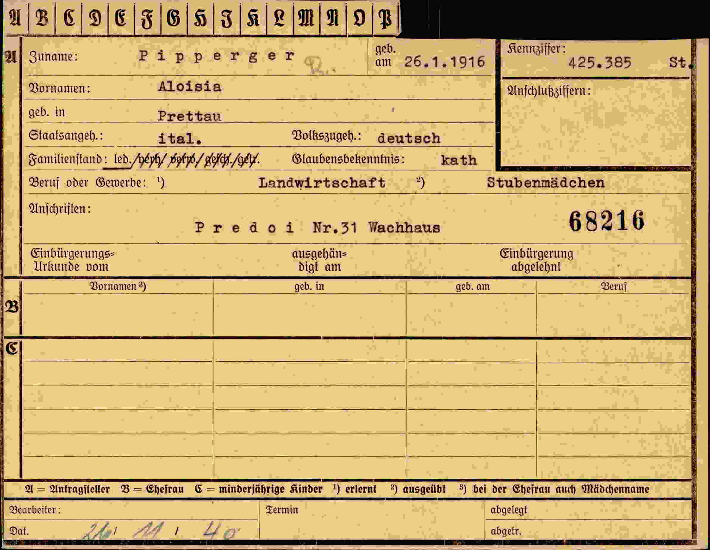 Dokument für Aloisia Pipperger