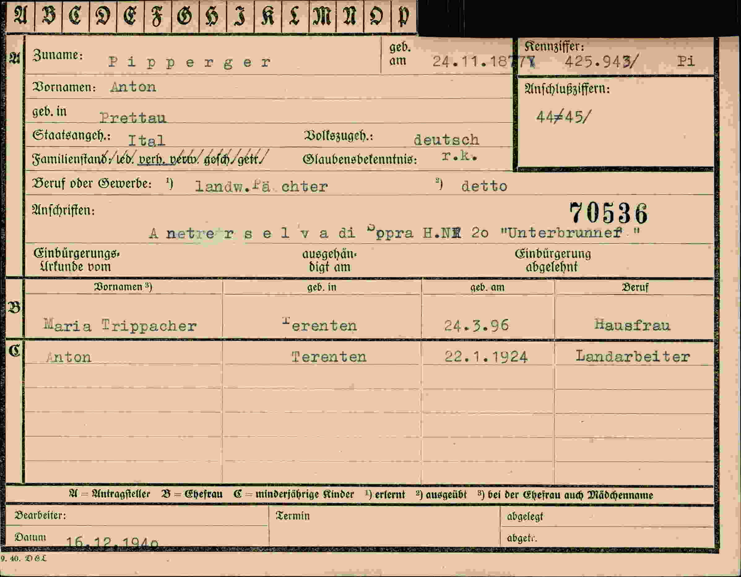 Dokument für Anton Pipperger