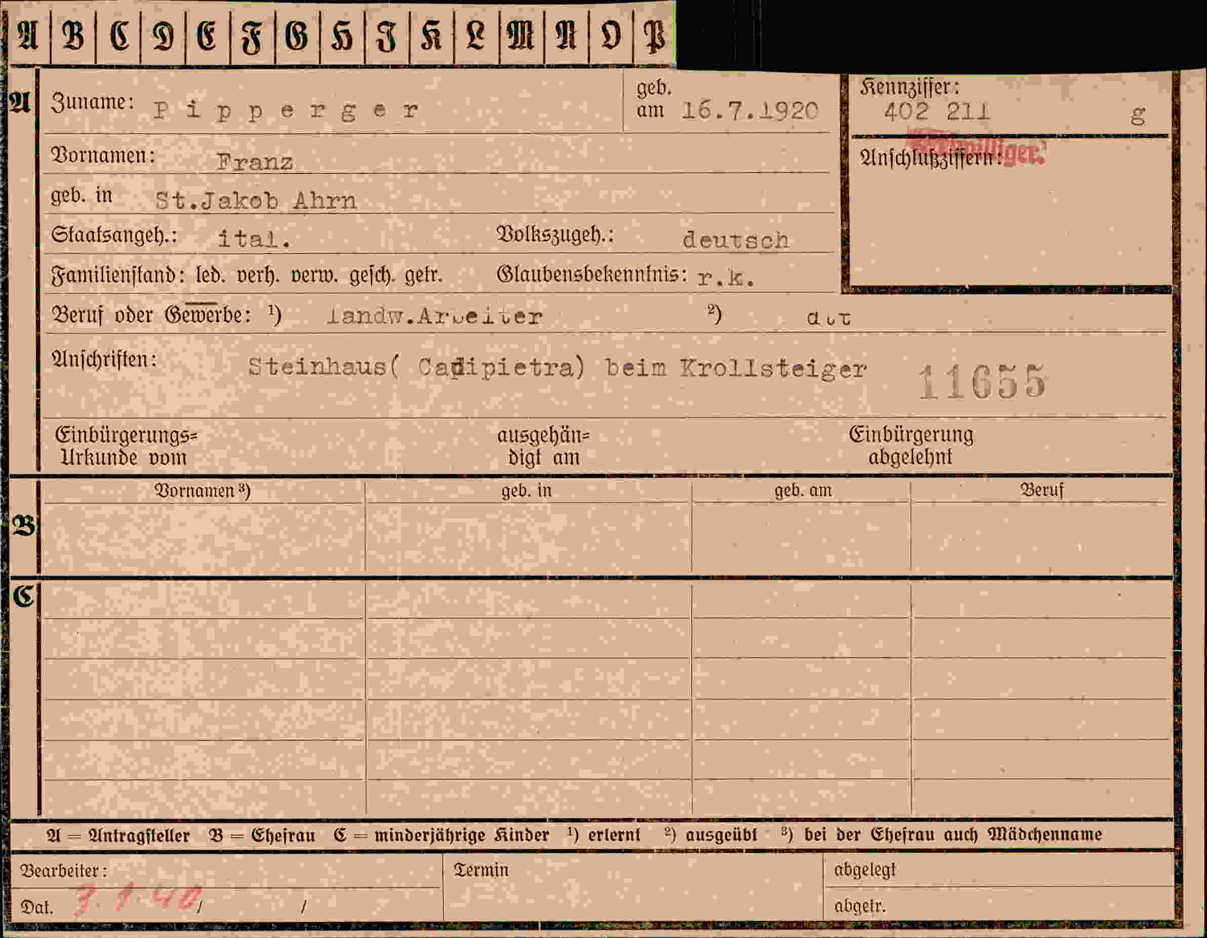Dokument für Franz Pipperger
