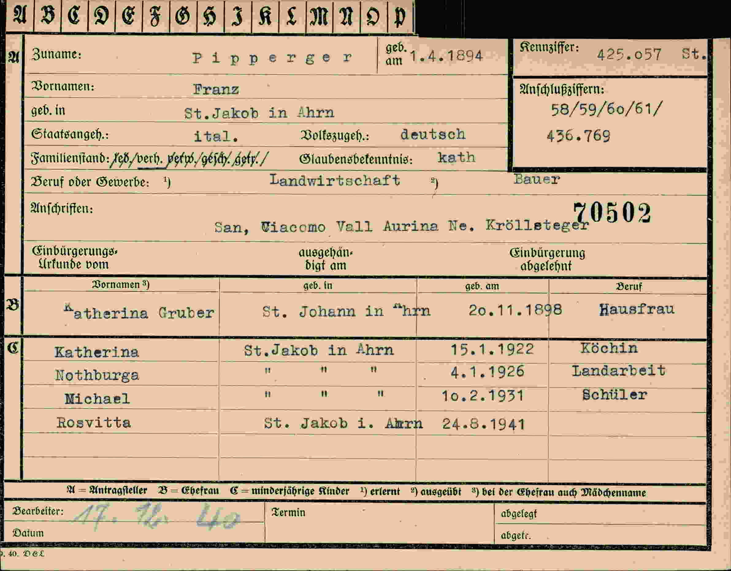 Dokument für Franz Pipperger