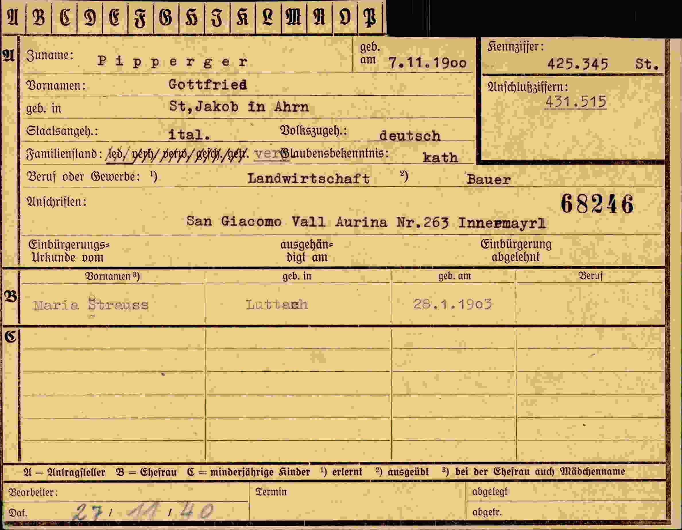 Dokument für Gottfried Pipperger