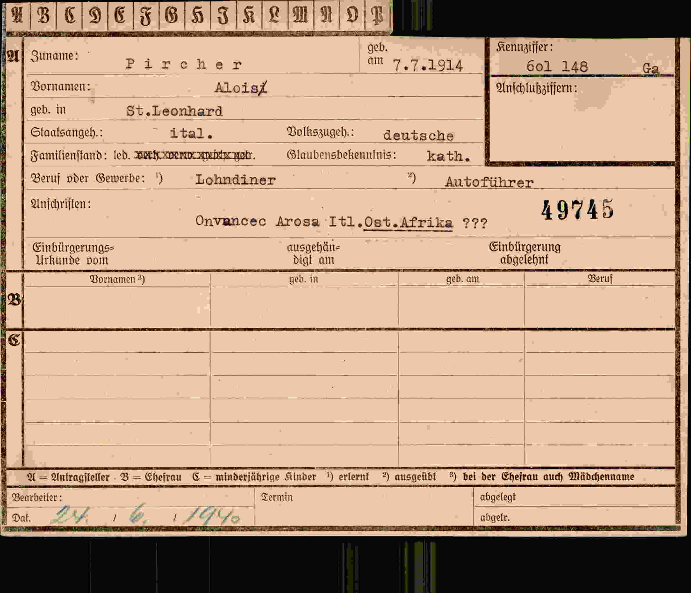 Dokument für Aloisi Pircher