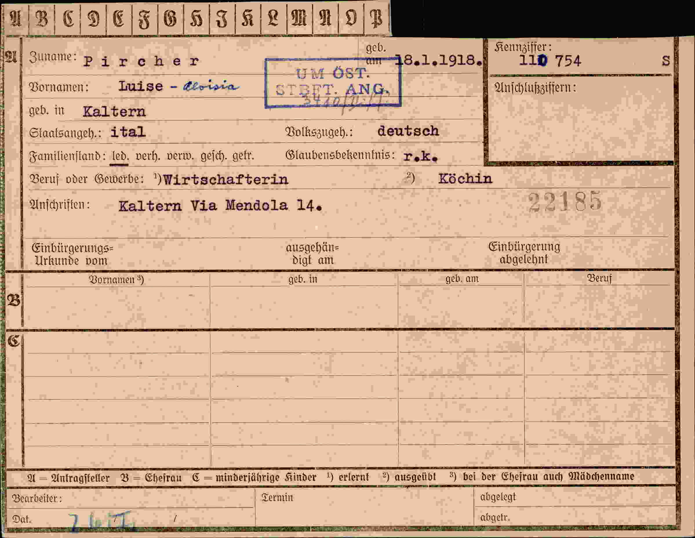 Dokument für Luise Aloisia Pircher