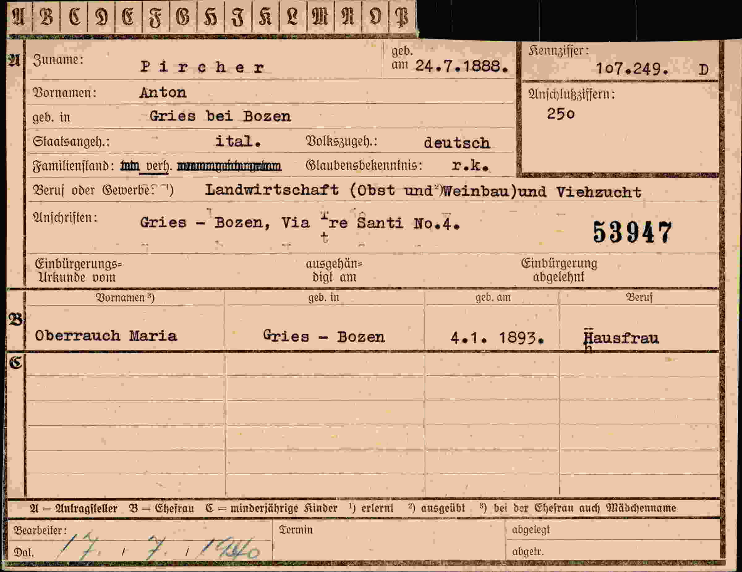 Dokument für Anton Pircher