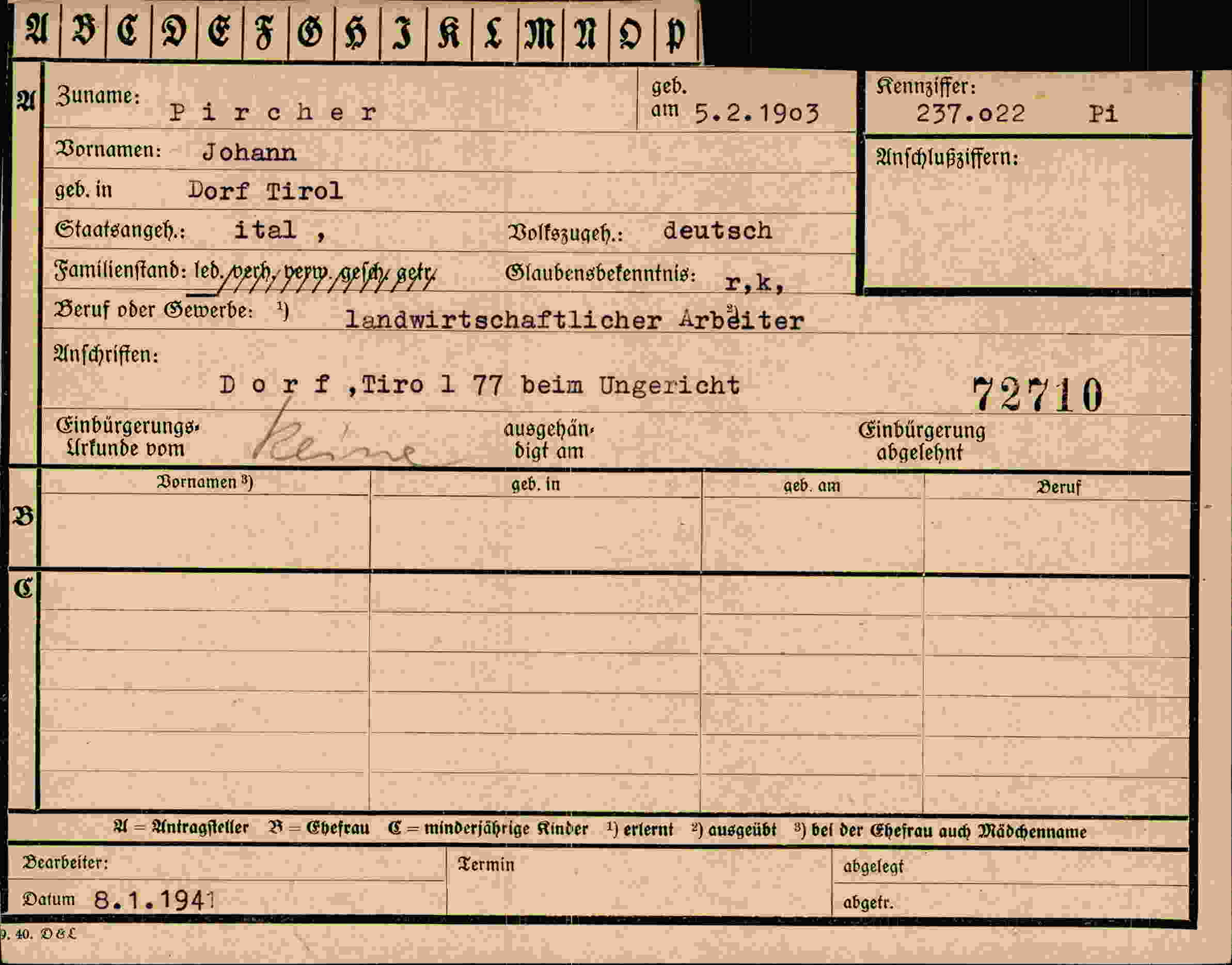 Dokument für Johann Pircher