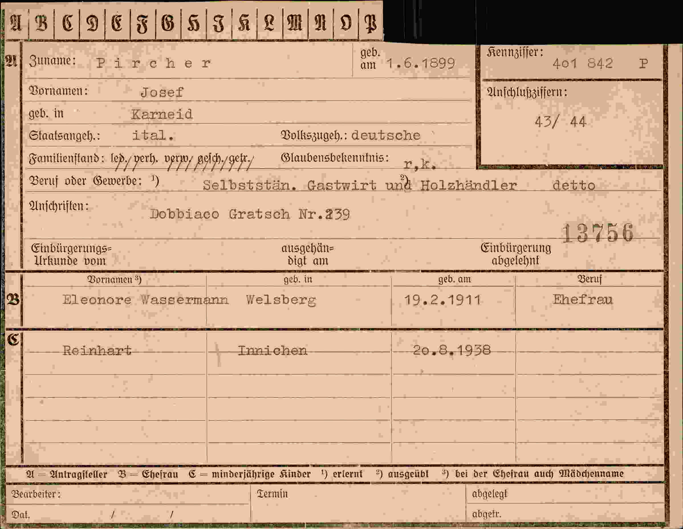 Dokument für Josef Pircher