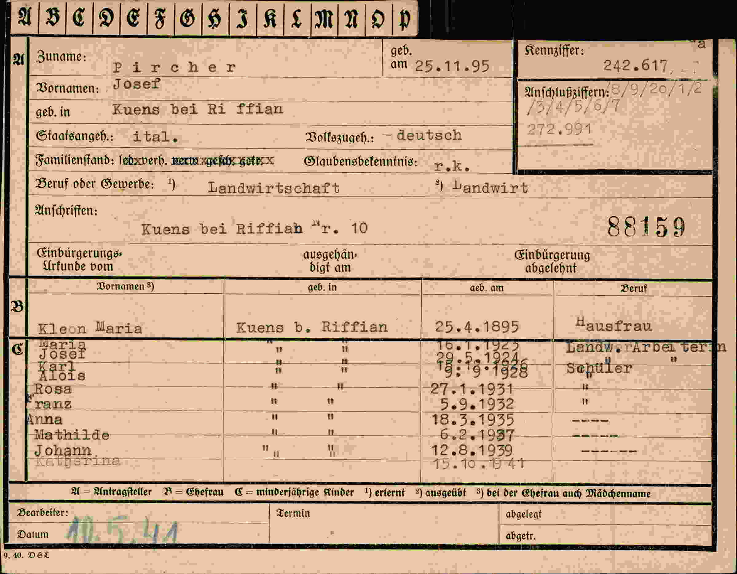 Dokument für Josef Pircher