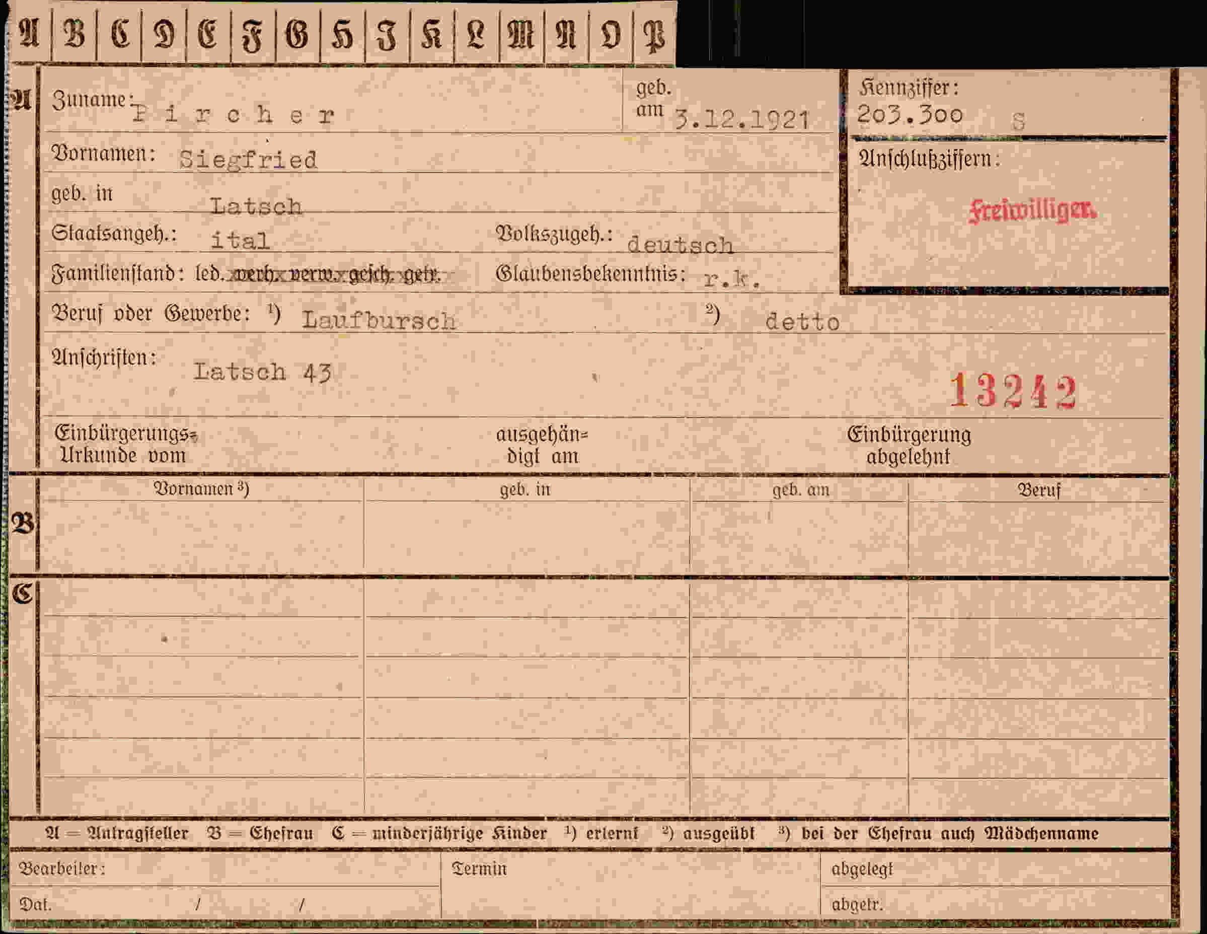 Dokument für Siegfried Pircher