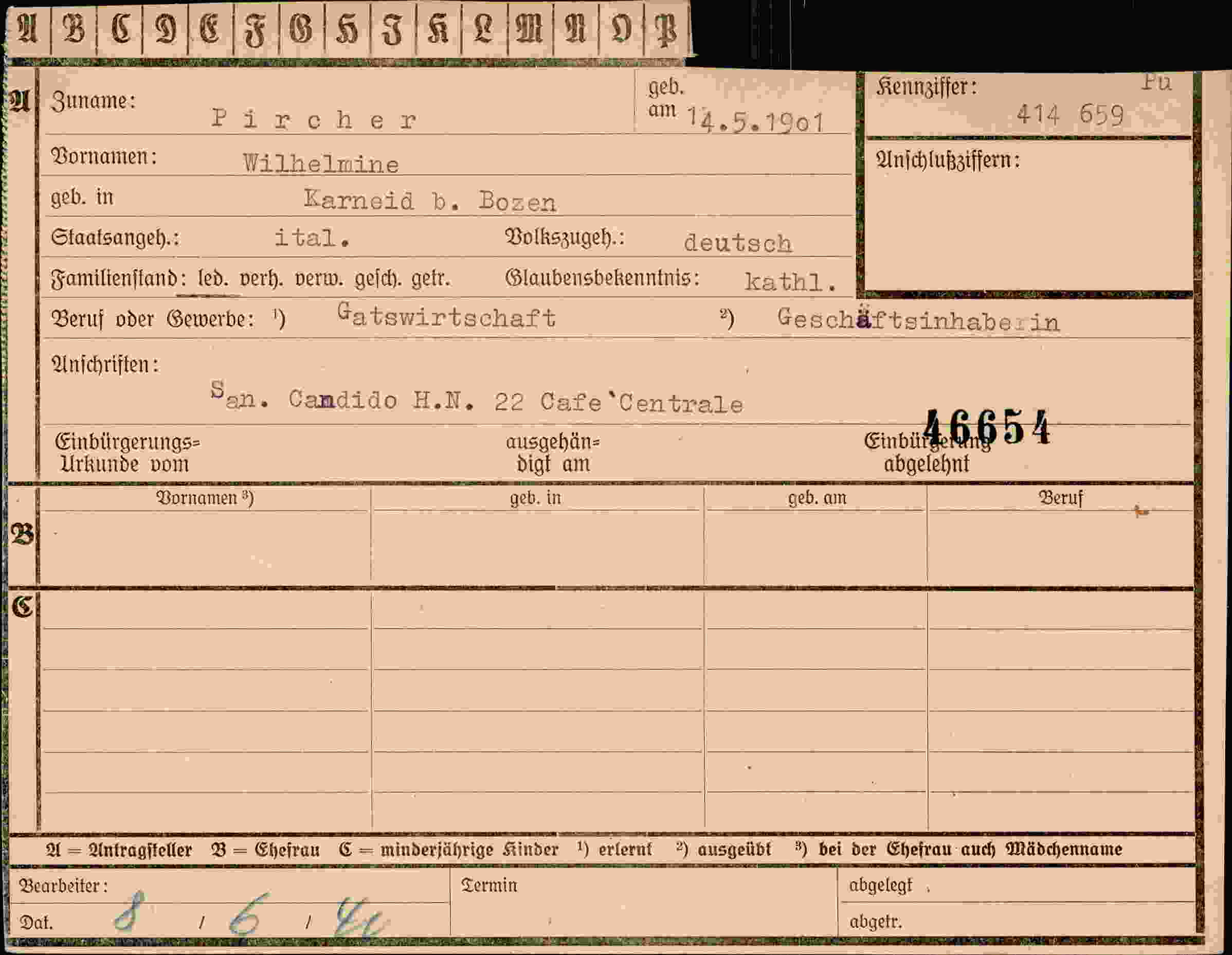 Dokument für Wilhelmine Pircher