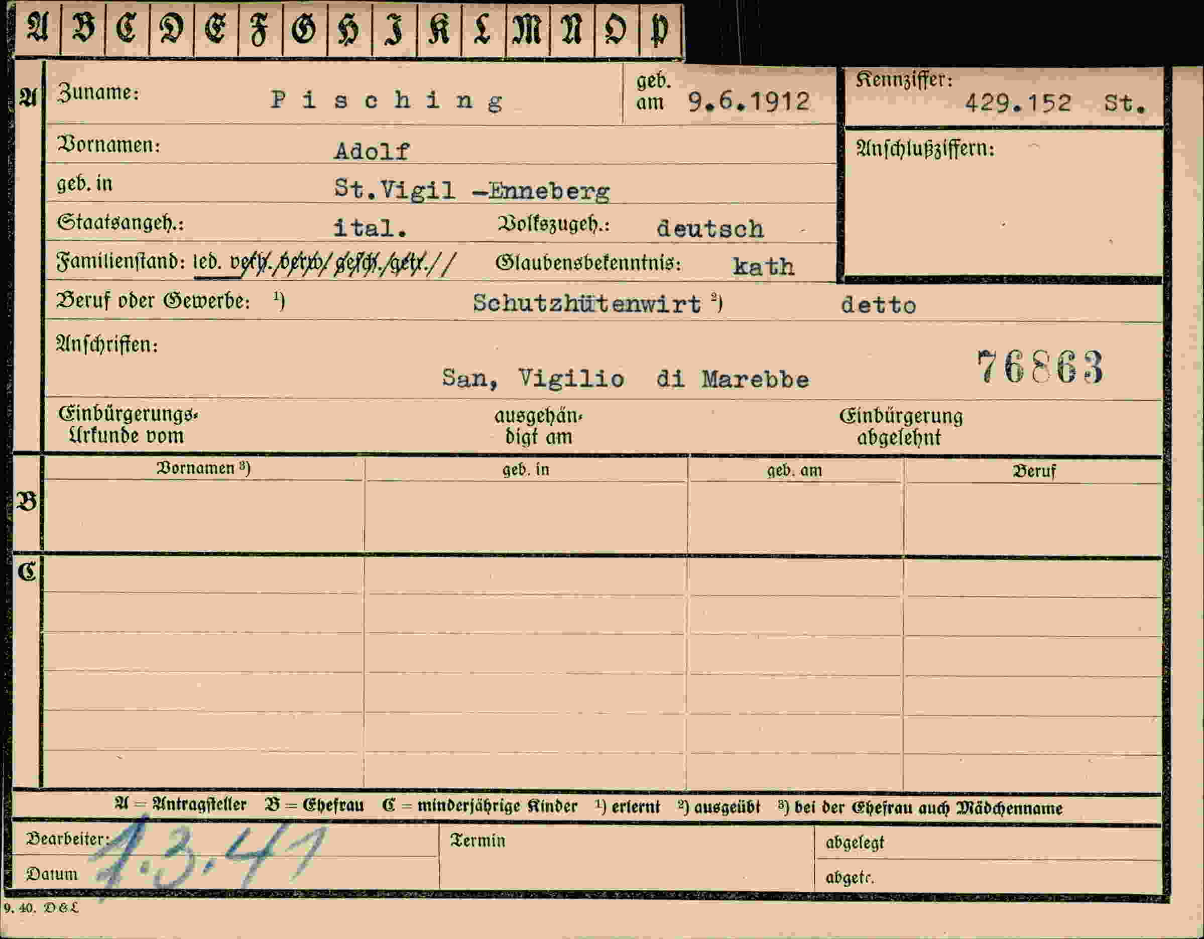 Dokument für Adolf Pisching