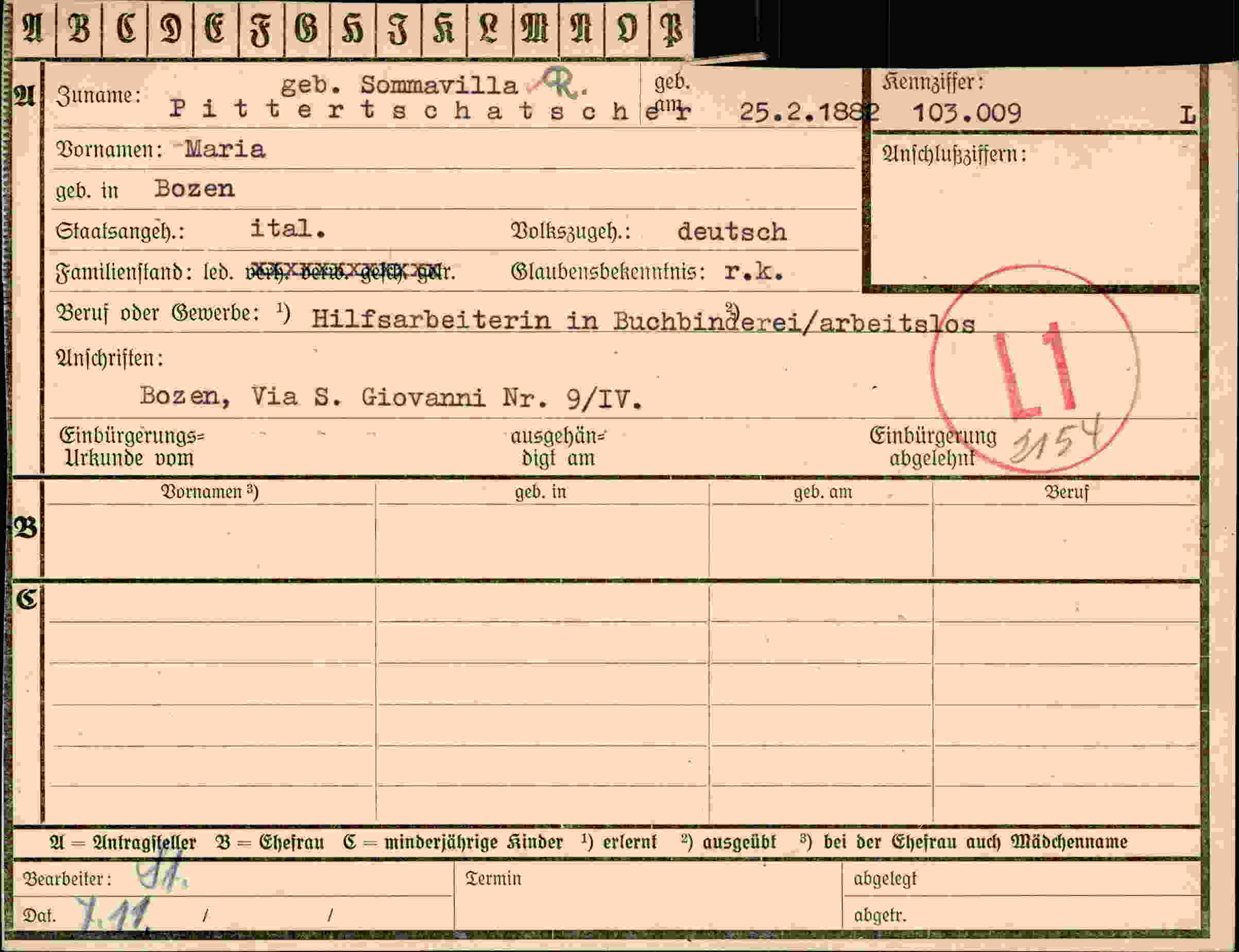 Dokument für Maria Sommavilla