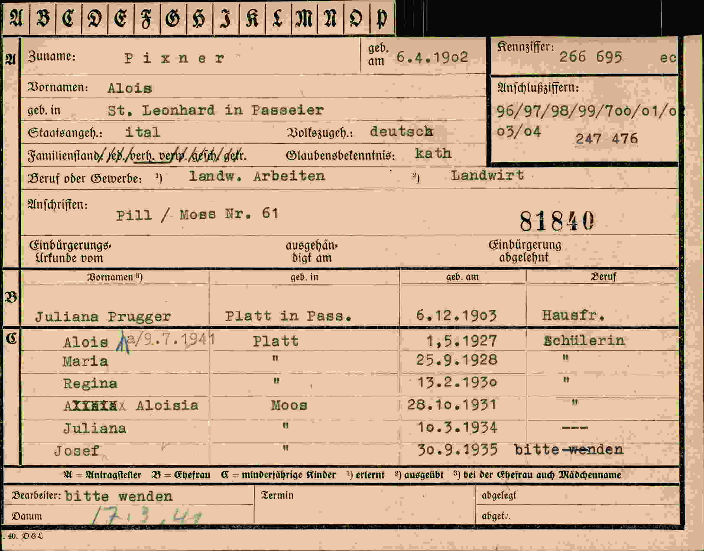 Dokument für Alois Pixner