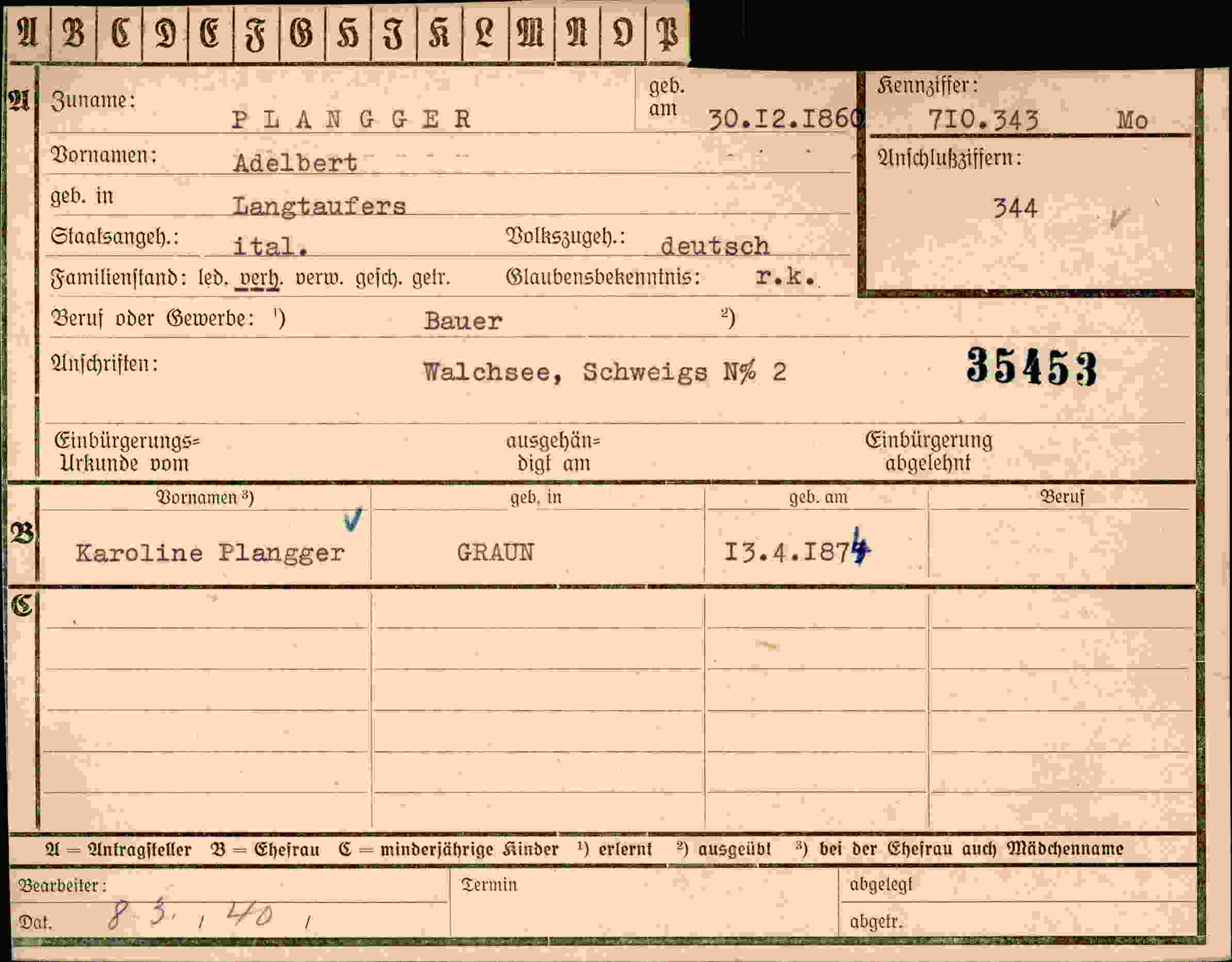 Dokument für Adelbert Plangger
