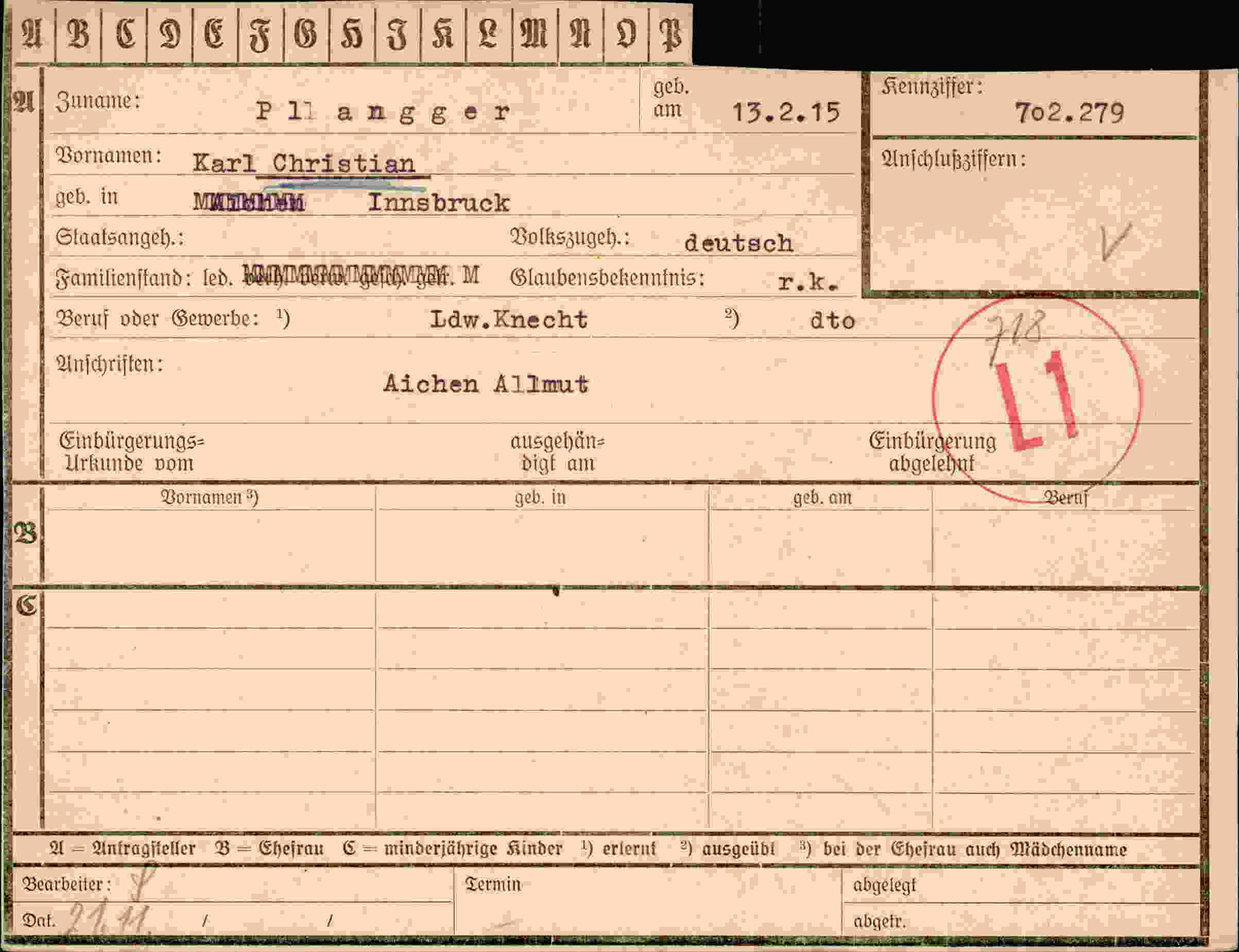 Dokument für Karl Christian Pllangger