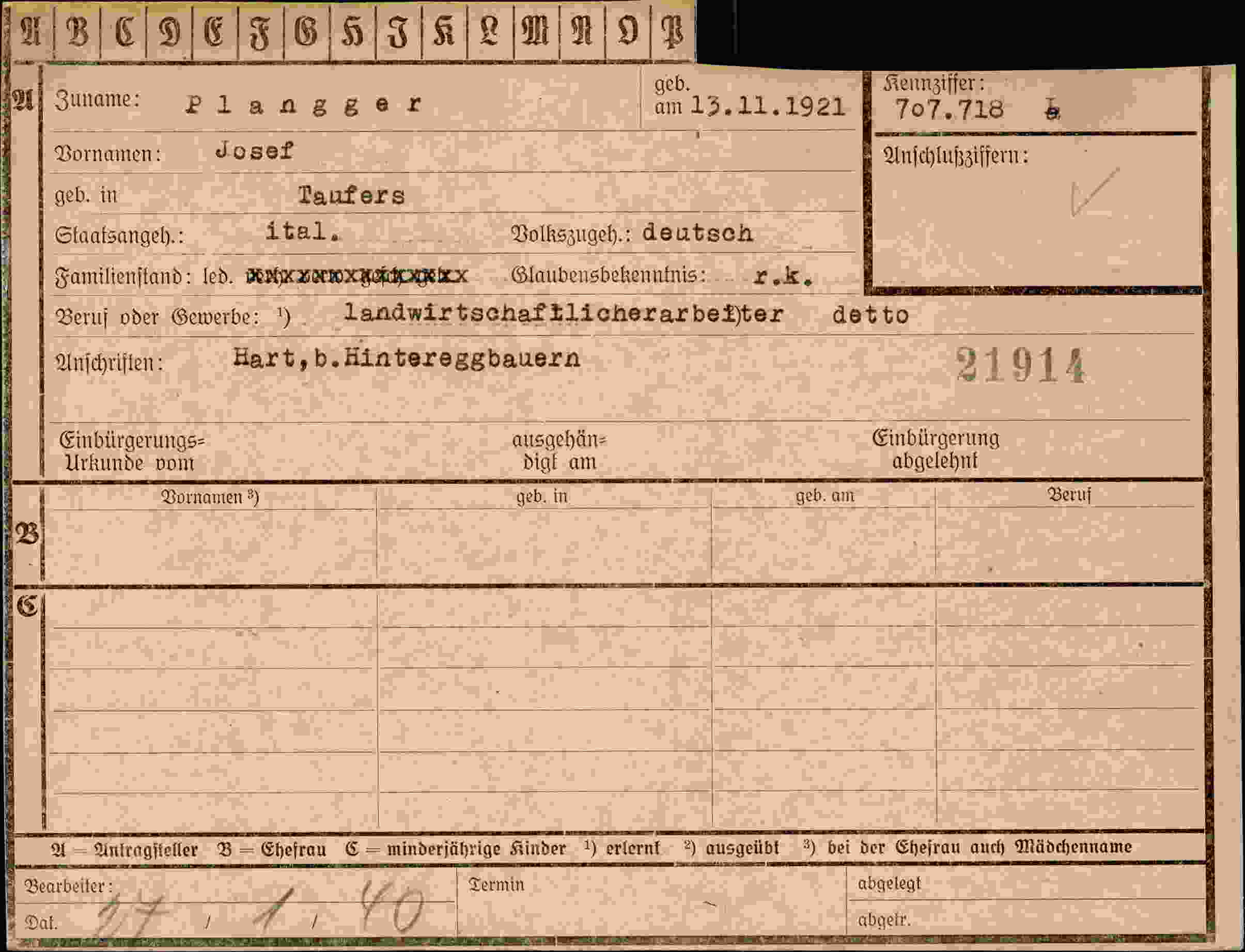 Dokument für Josef Plangger