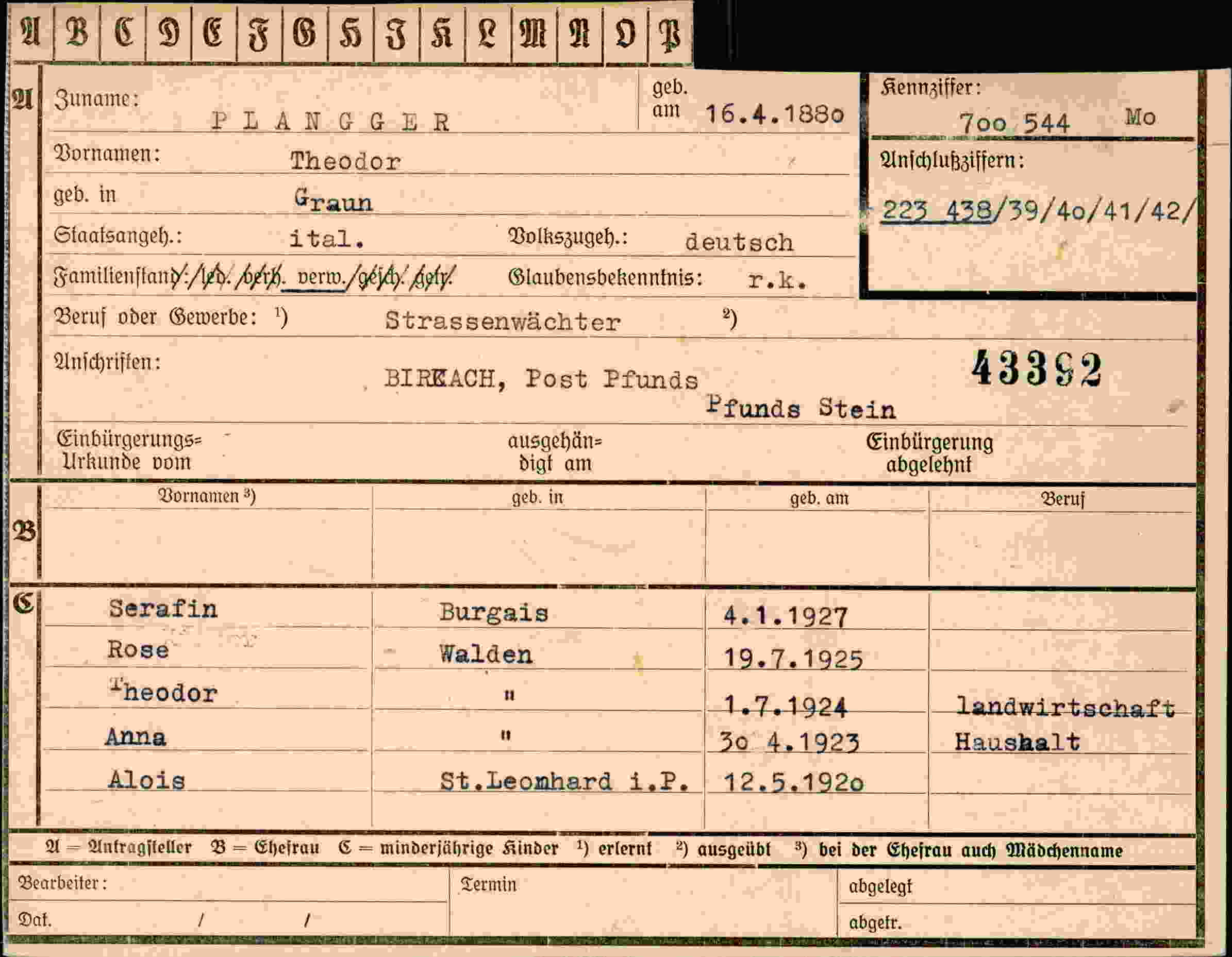 Dokument für Theodor Plangg