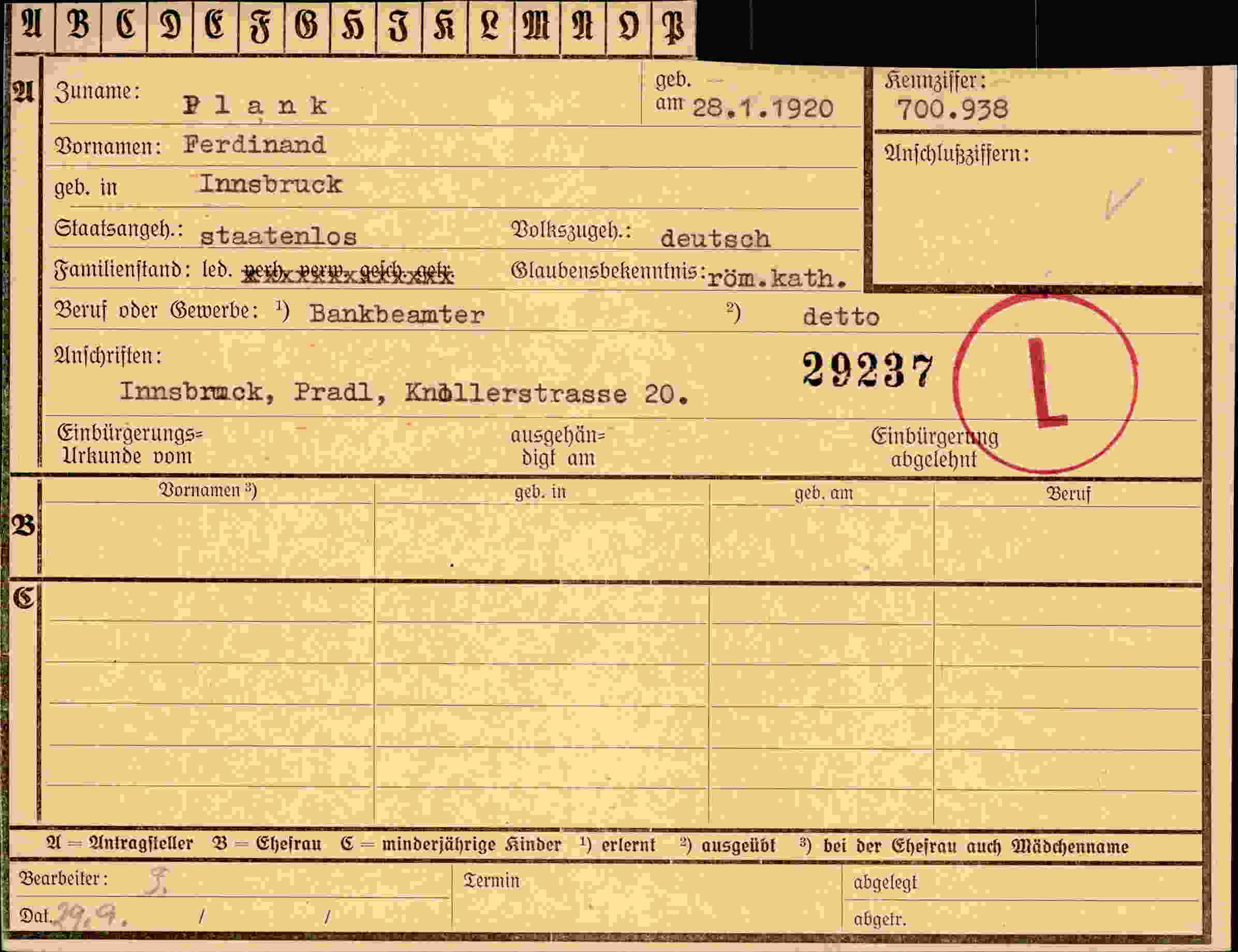 Dokument für Ferdinand Plank
