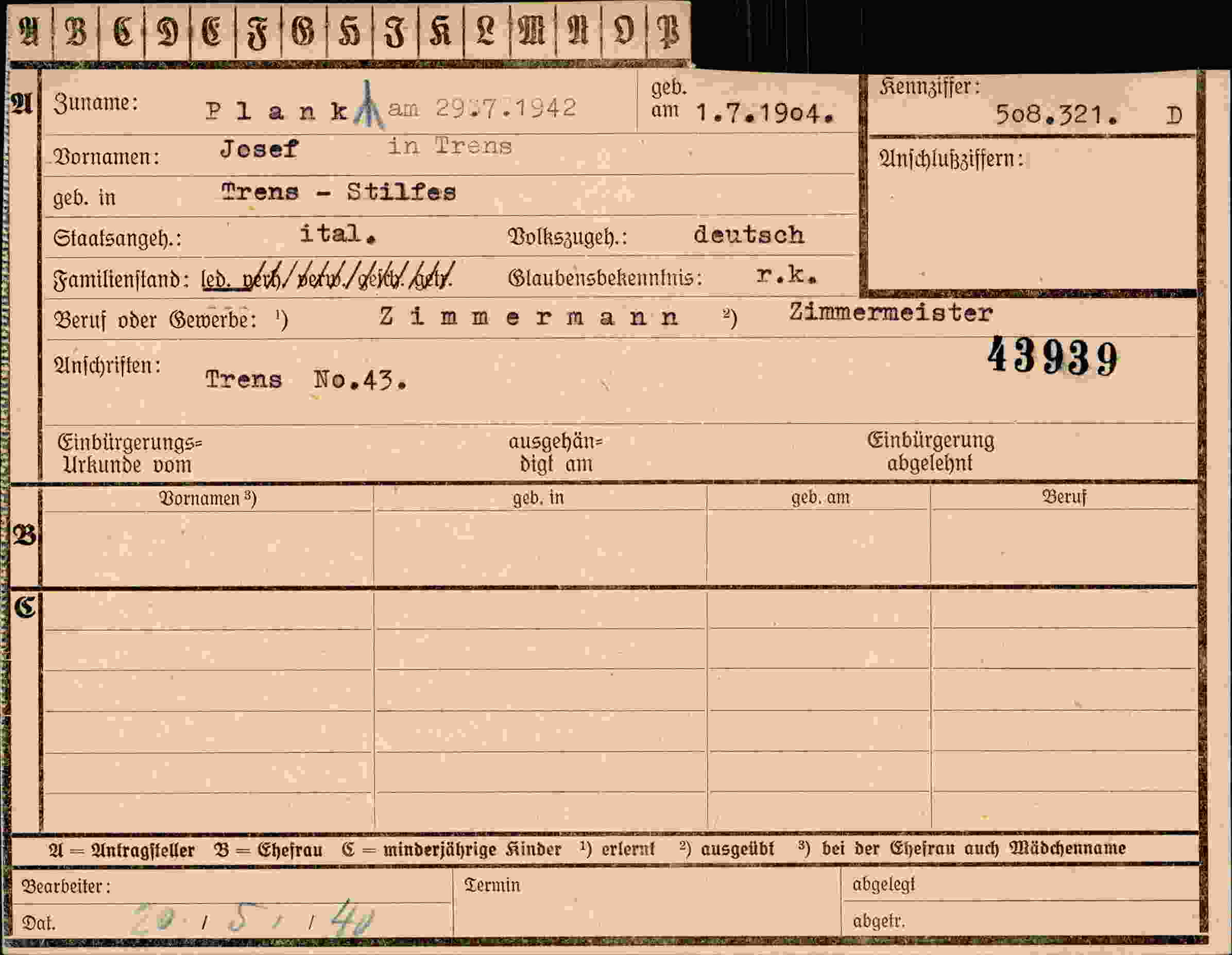 Dokument für Josef Plank