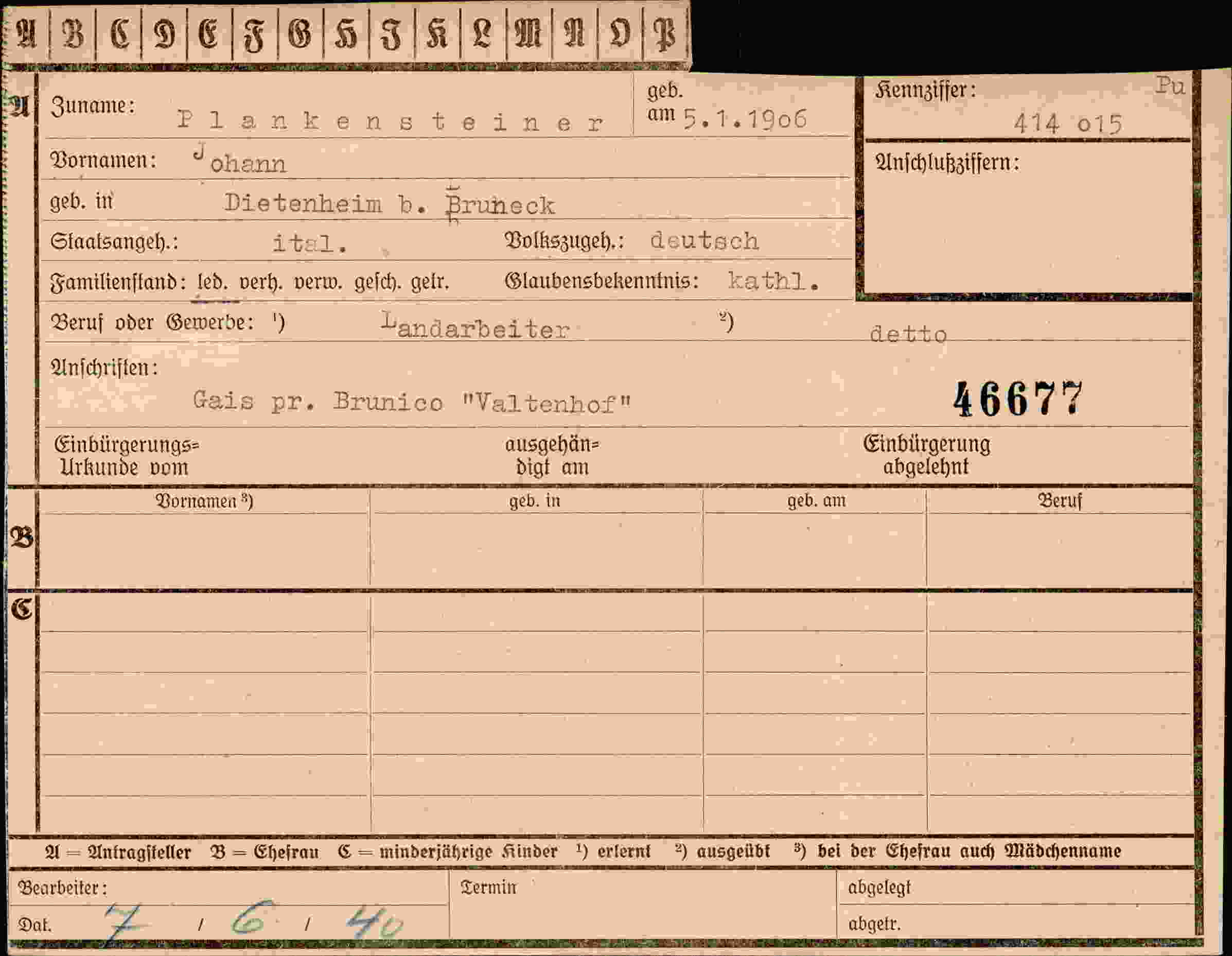Dokument für Johann Plankensteiner