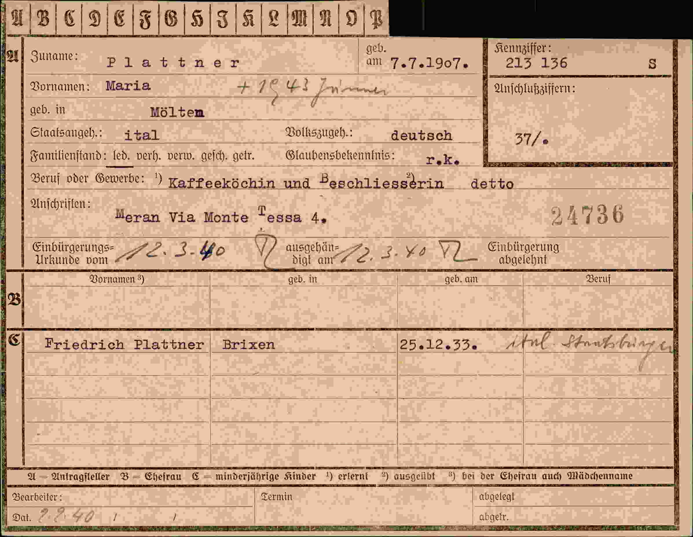 Dokument für Maria Plattner