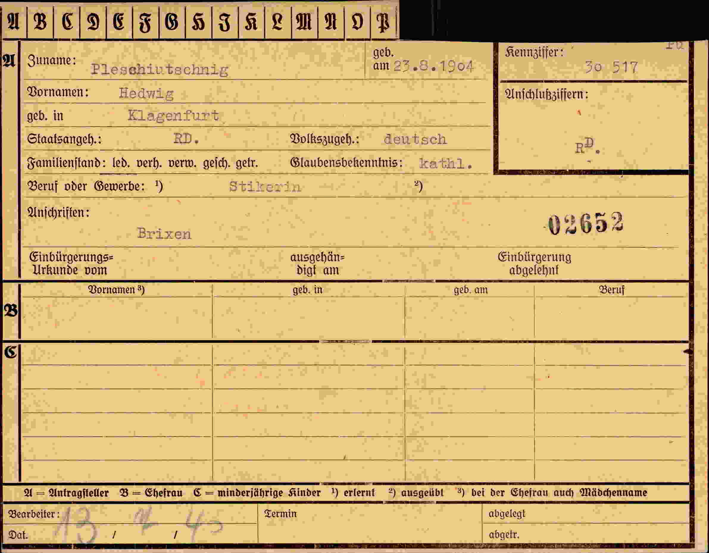 Dokument für Hedwig Pleschiutschnig
