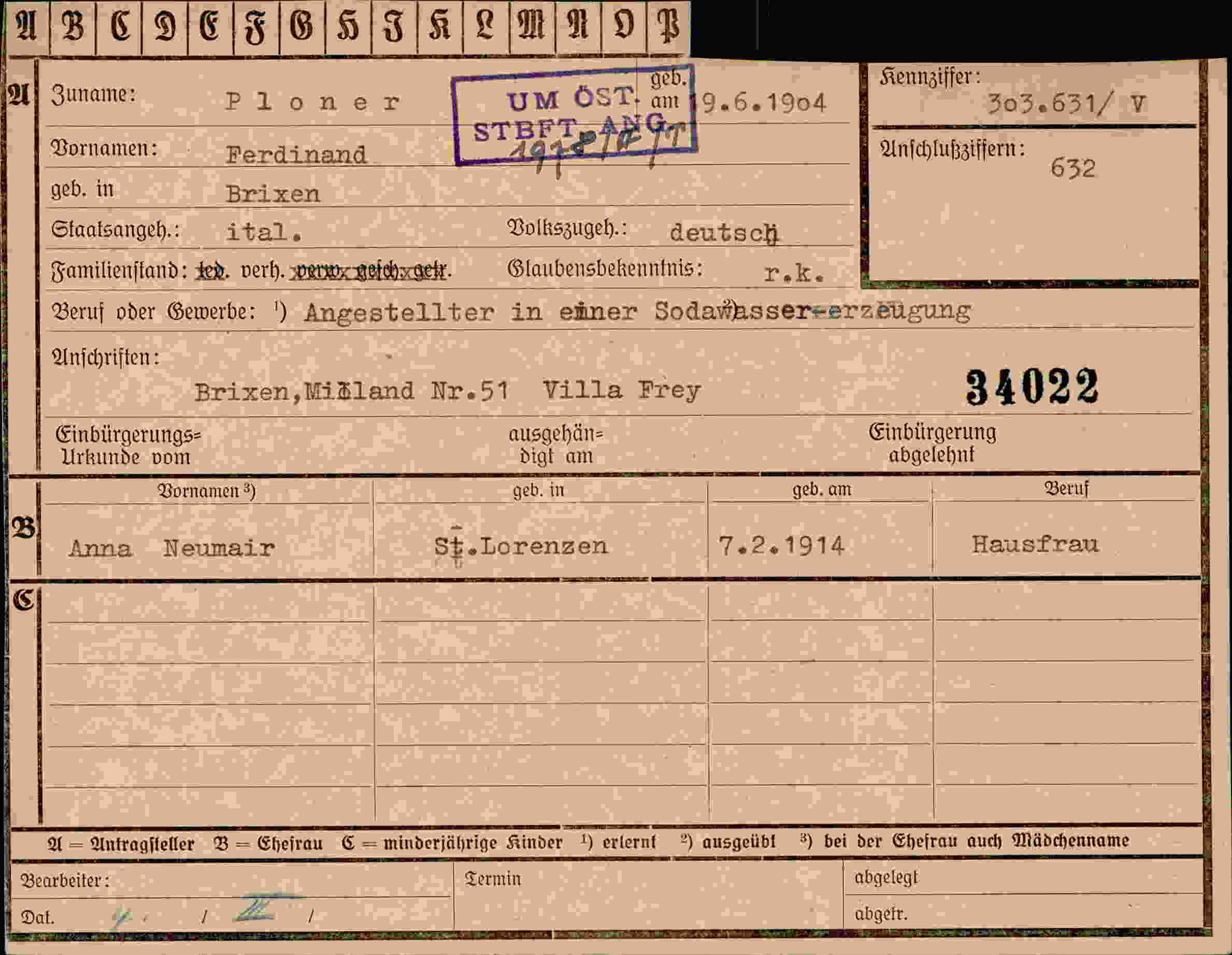 Dokument für Ferdinand Ploner