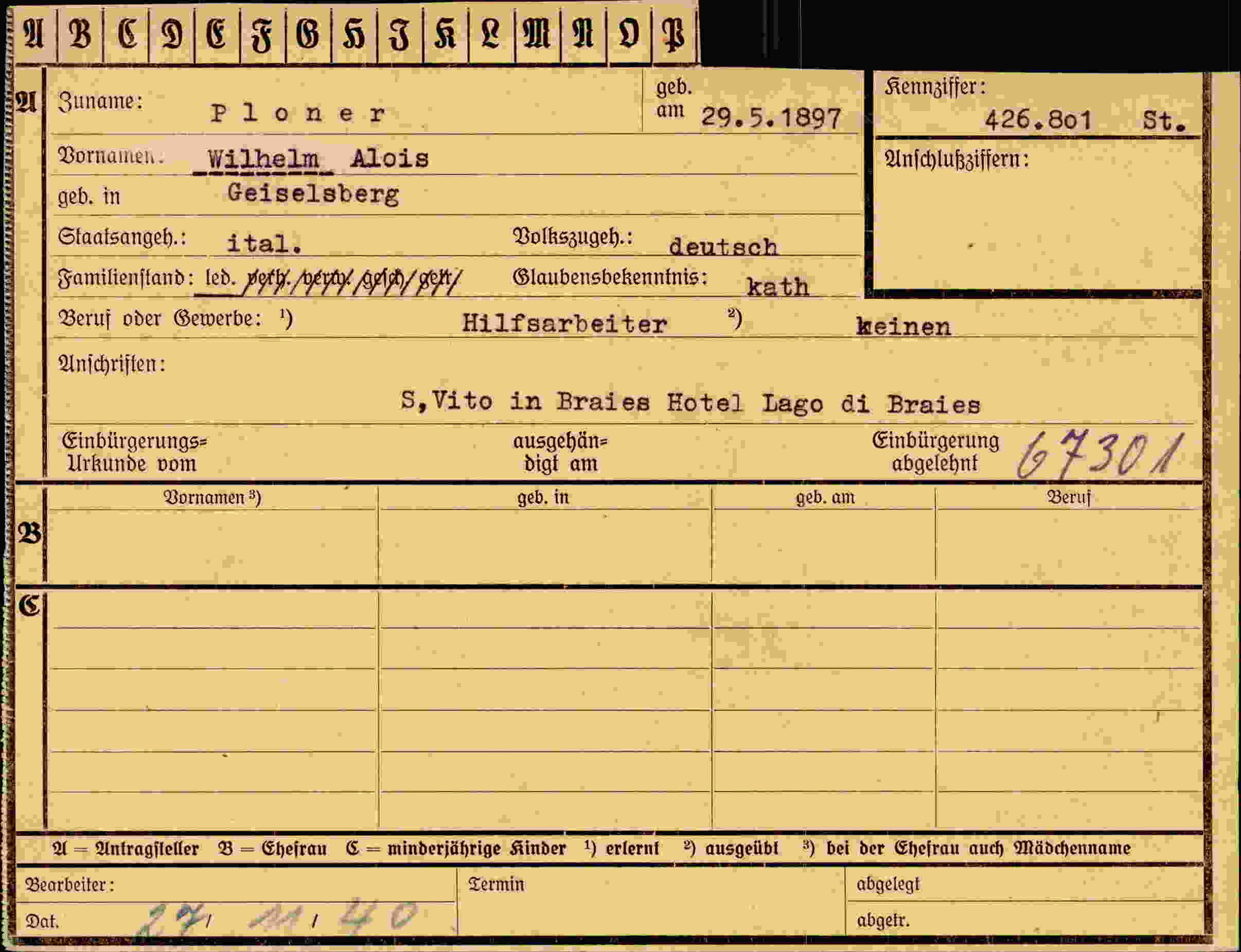 Dokument für Wilhelm Alois Ploner