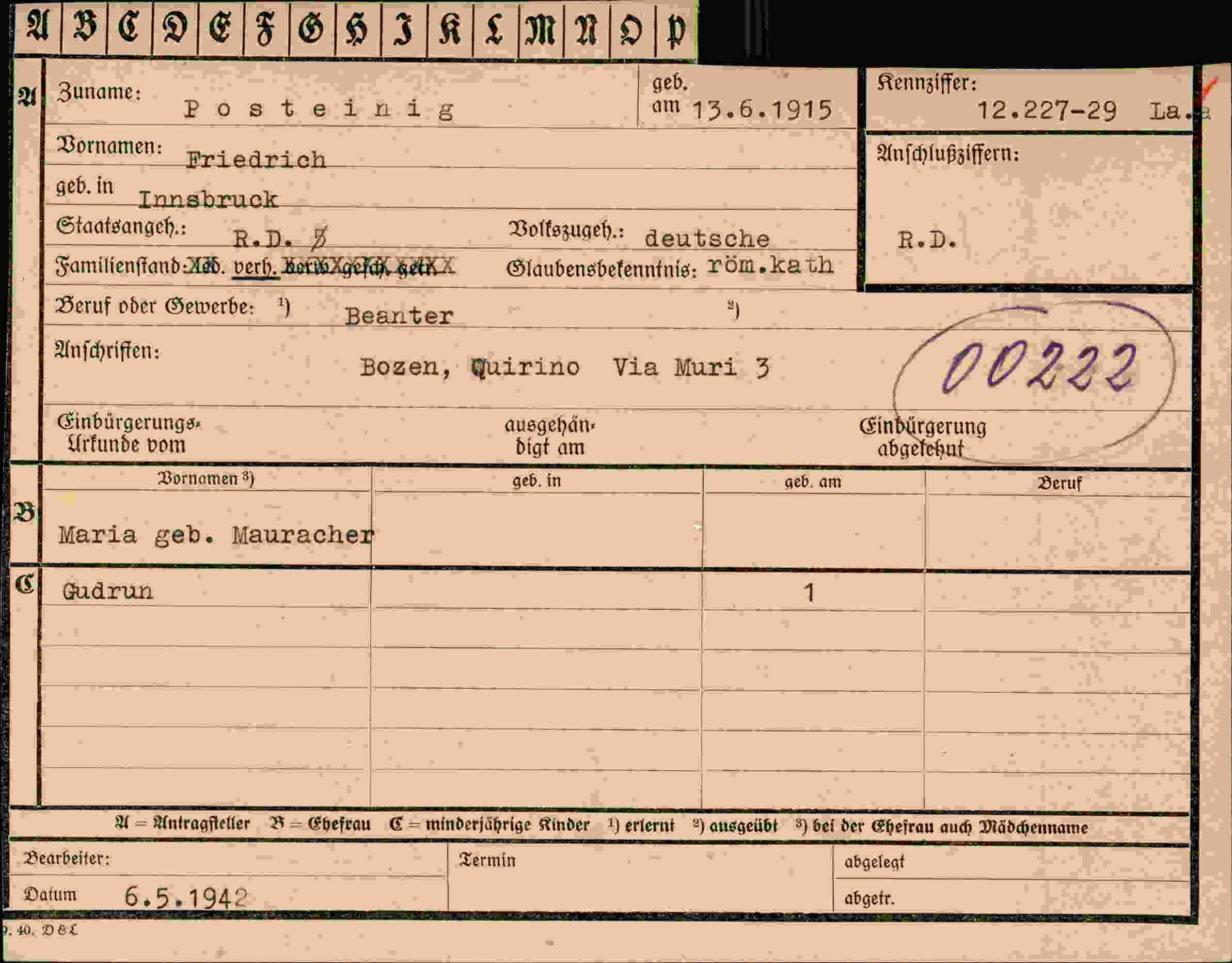 Dokument für Friedrich Posteinig