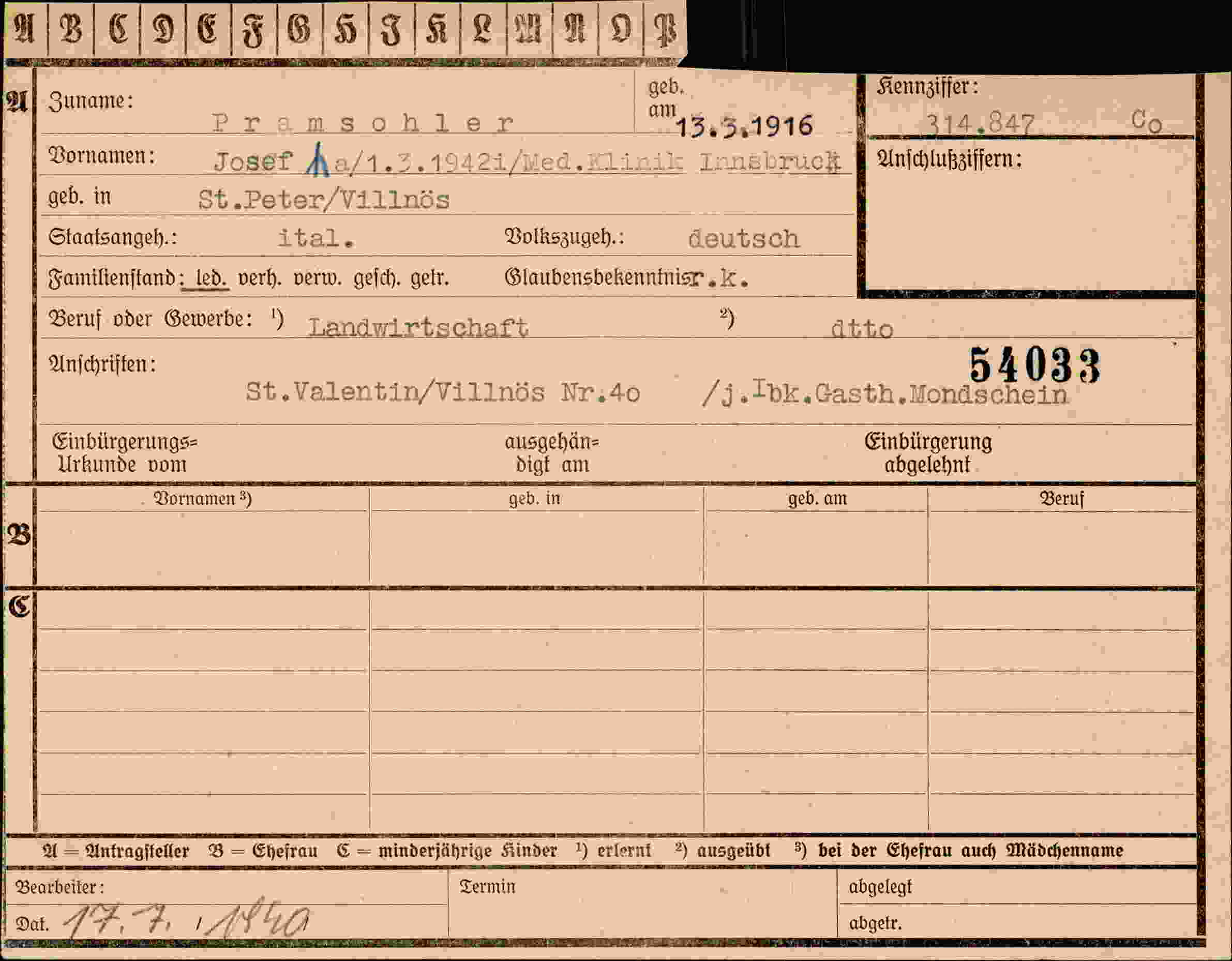 Dokument für Josef Pramsohler
