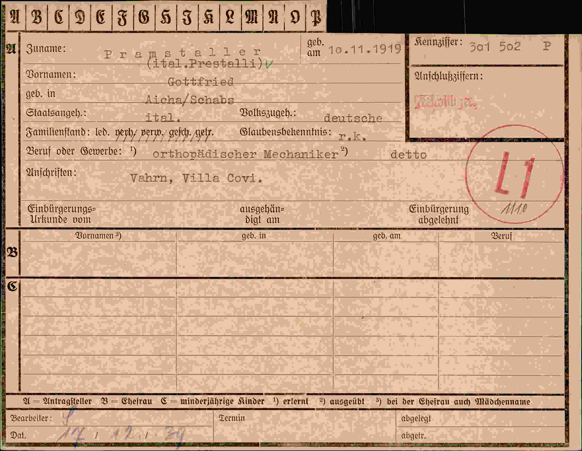 Dokument für Gottfried Pramstaller