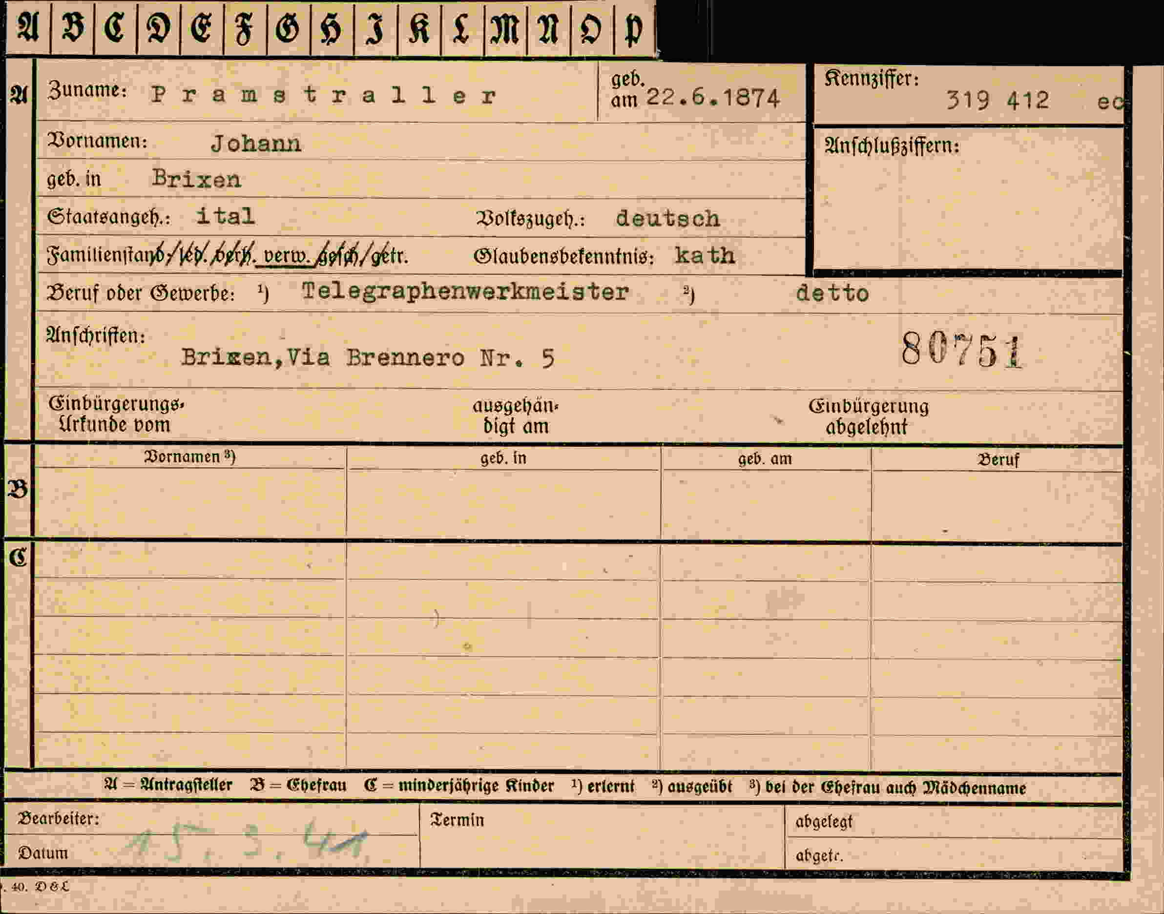 Dokument für Johann Pramstraller