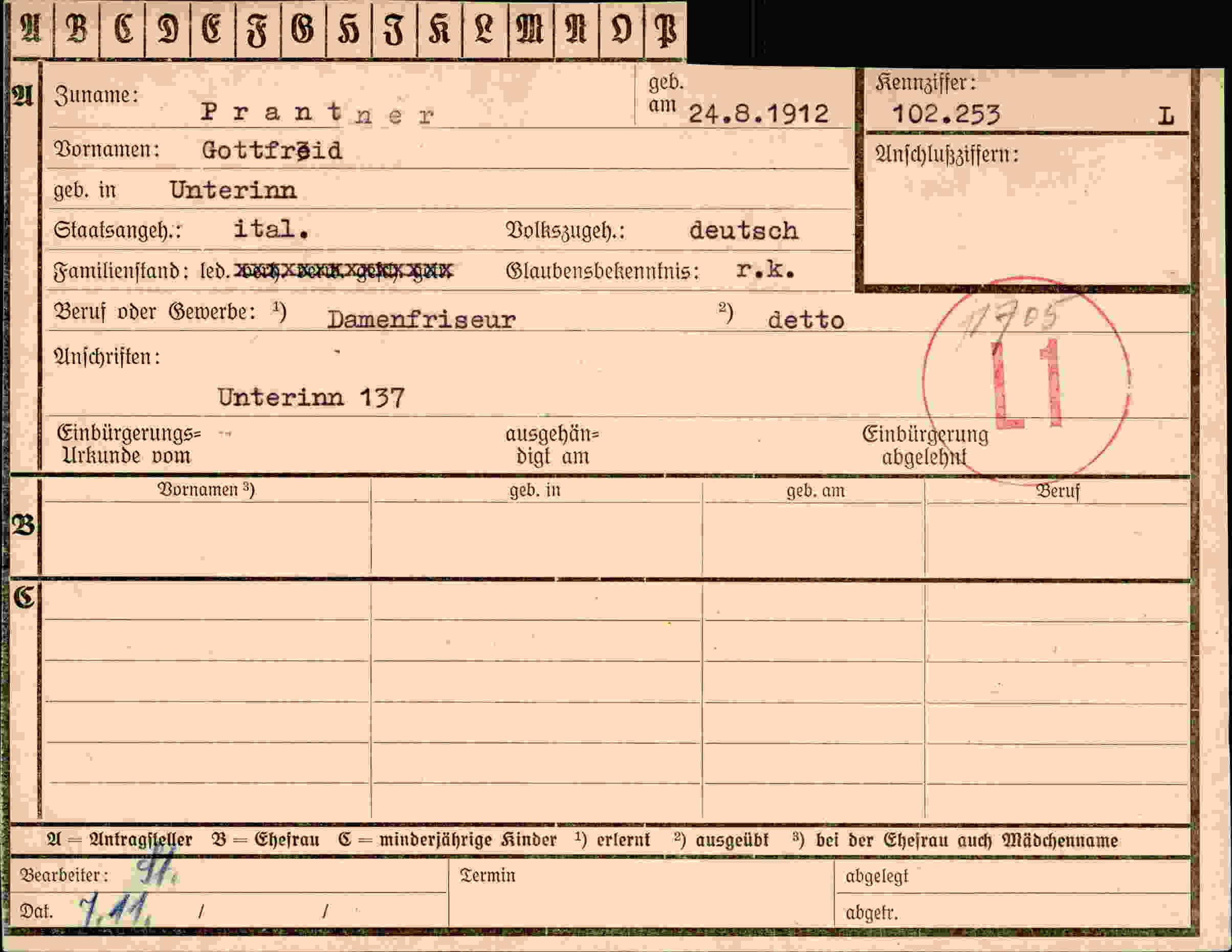 Dokument für Gottfried Prantner