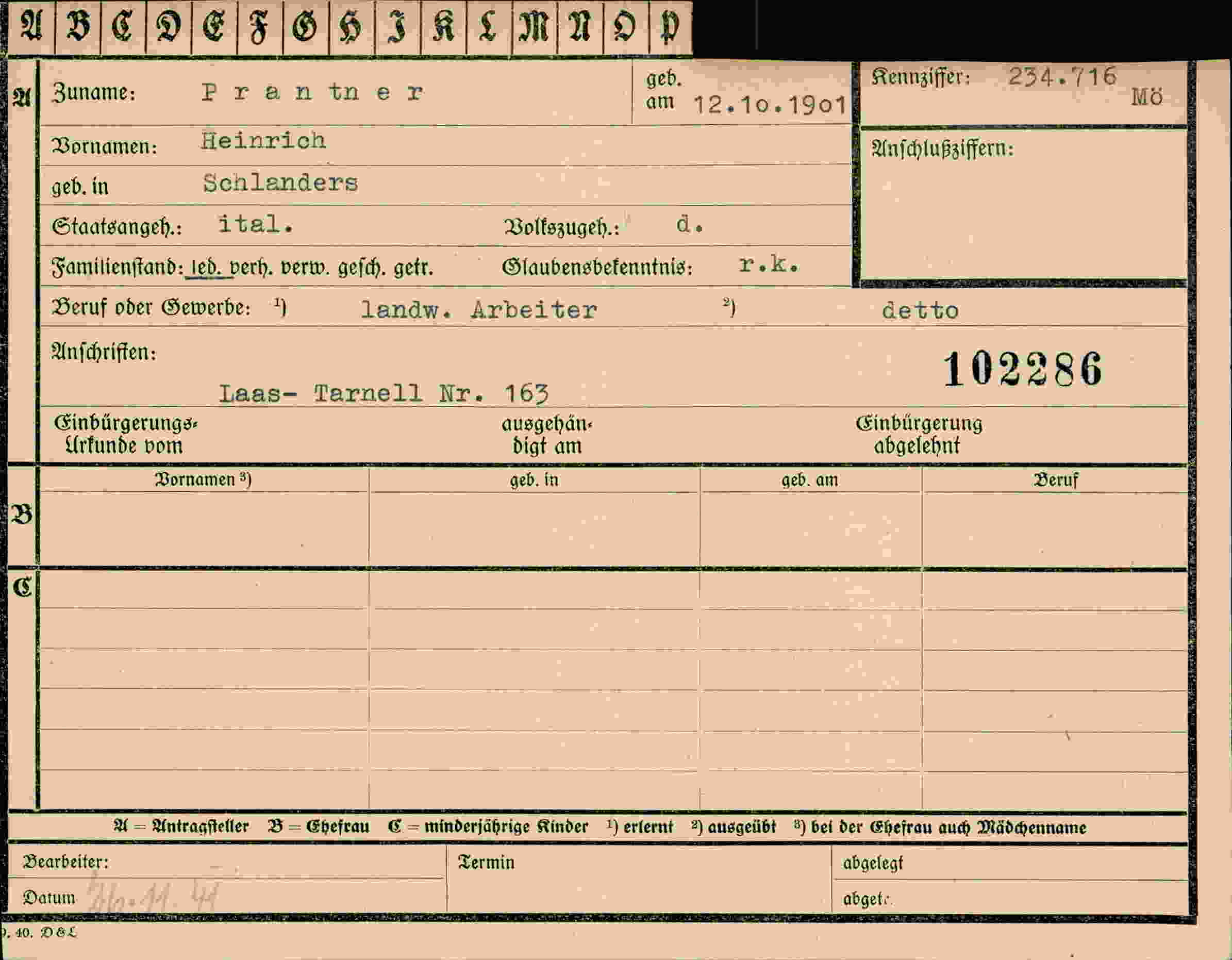 Dokument für Heinrich Prantner