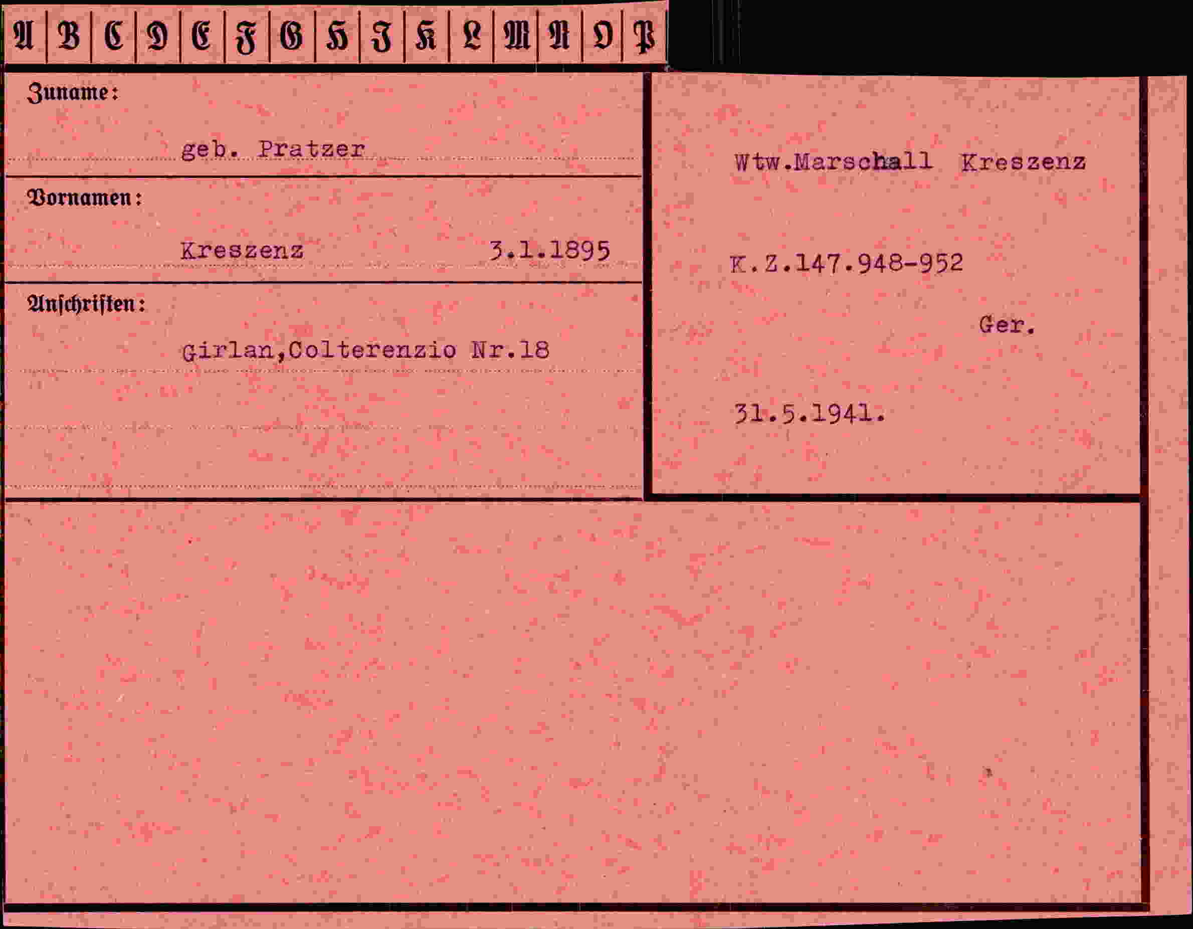 Dokument für Kreszenz Pratzer