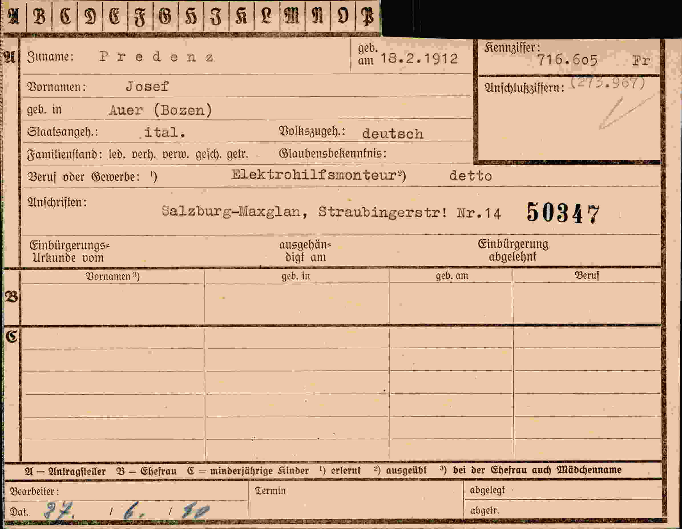 Dokument für Josef Predenz