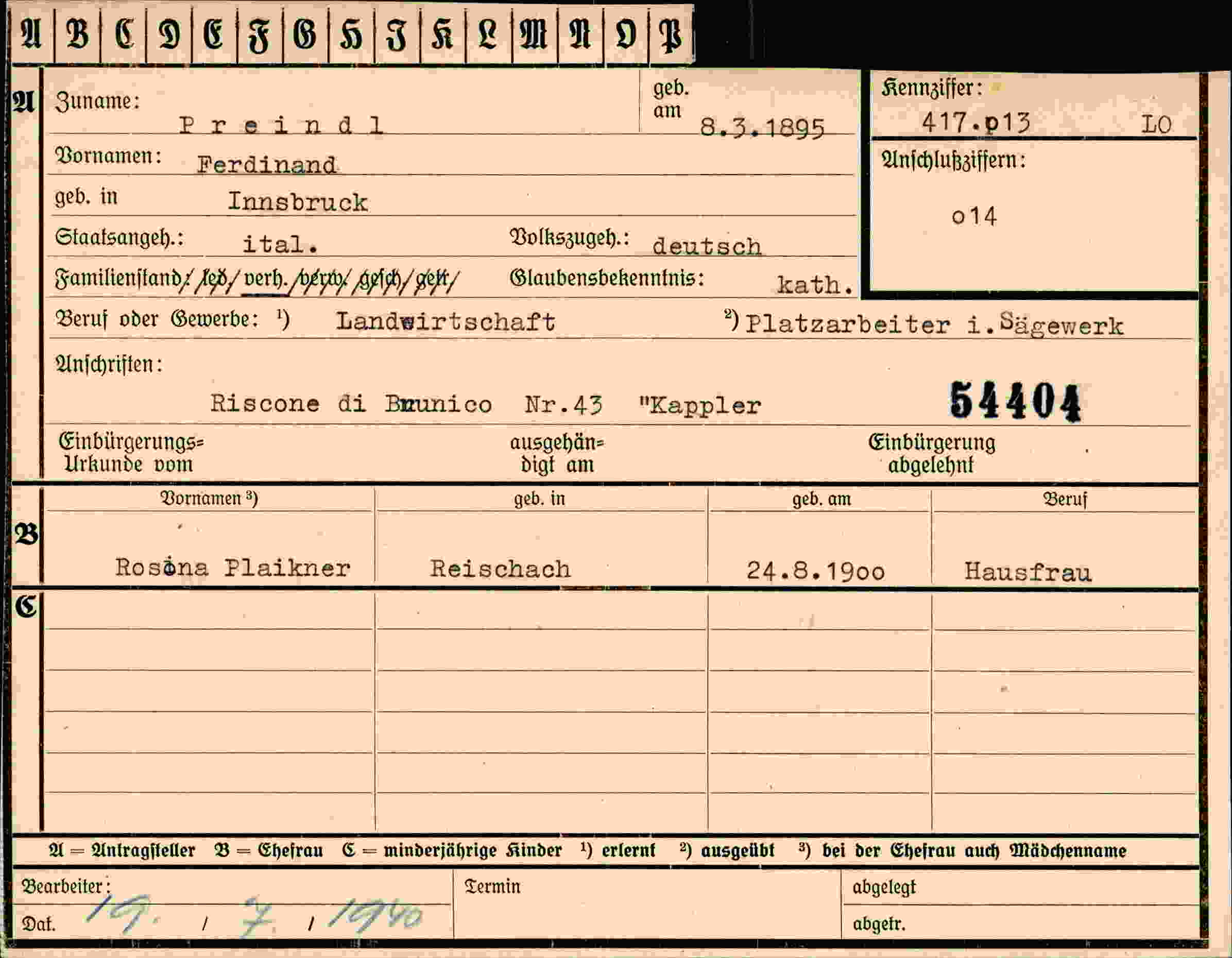 Dokument für Ferdinand Preind