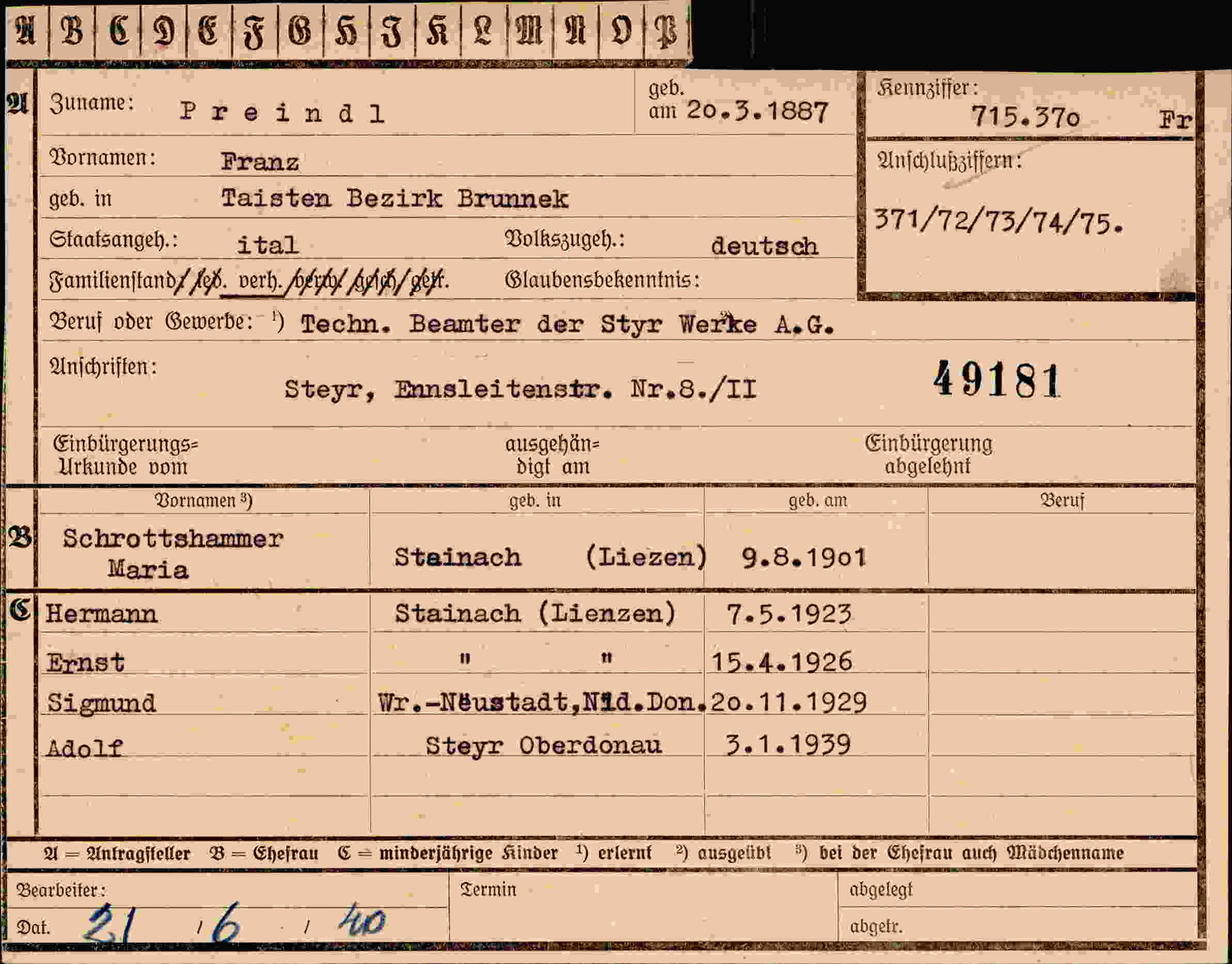 Dokument für Franz Preindl