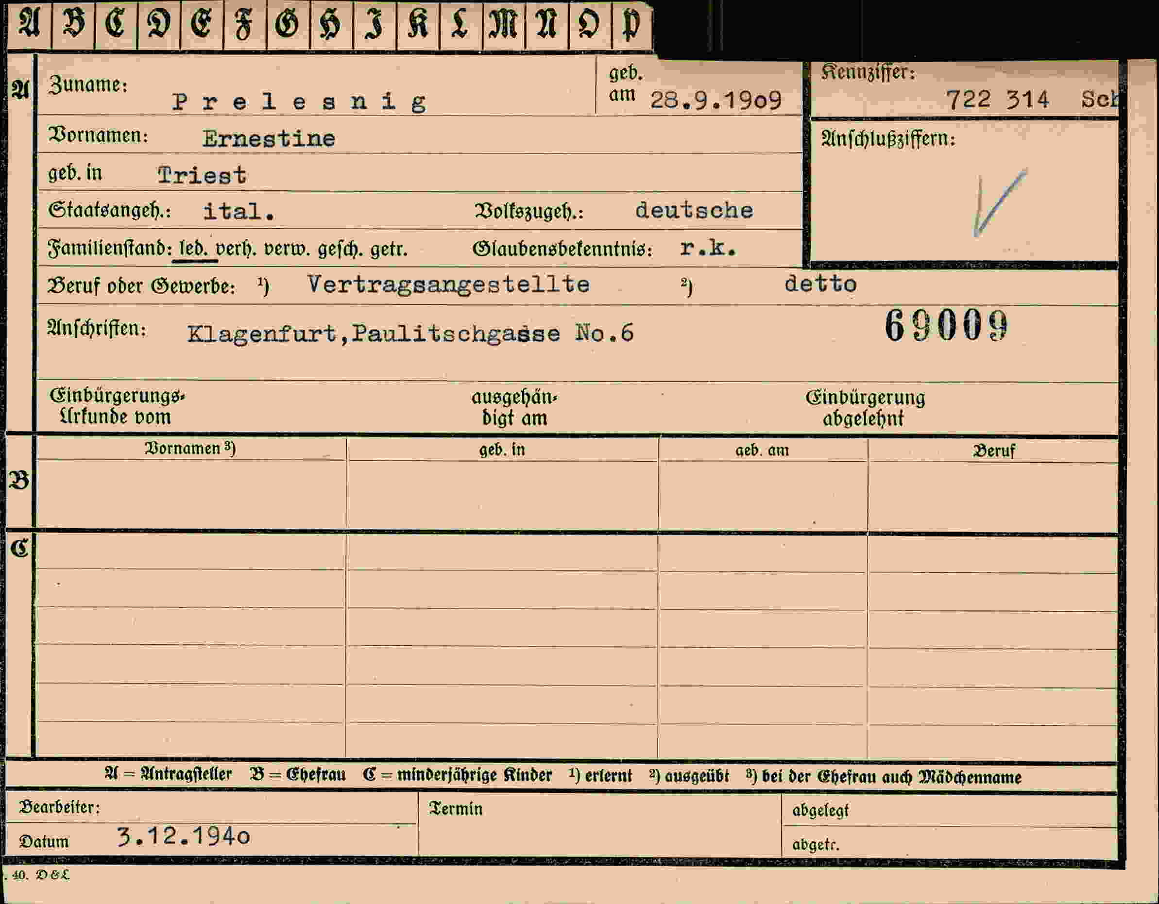 Dokument für Ernestine Prelesnig