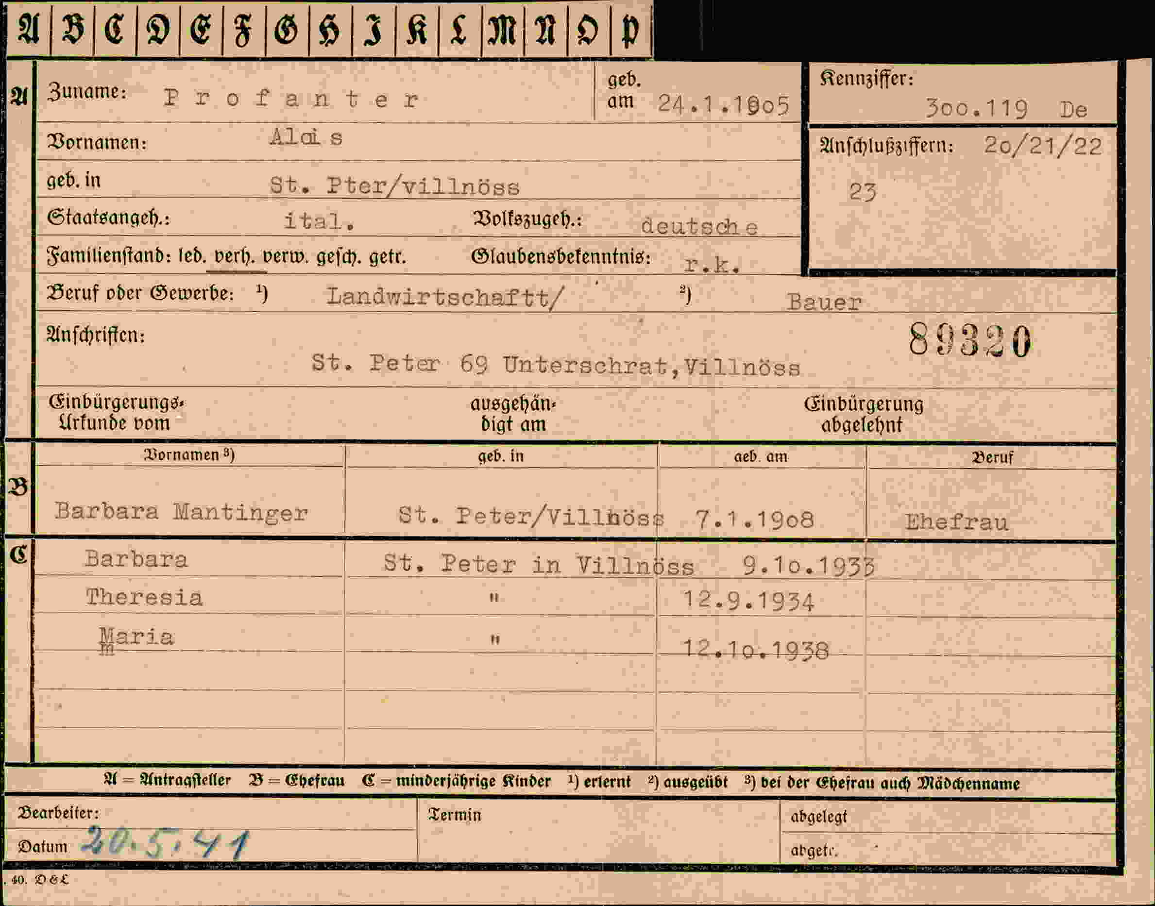 Dokument für Alois Profanter